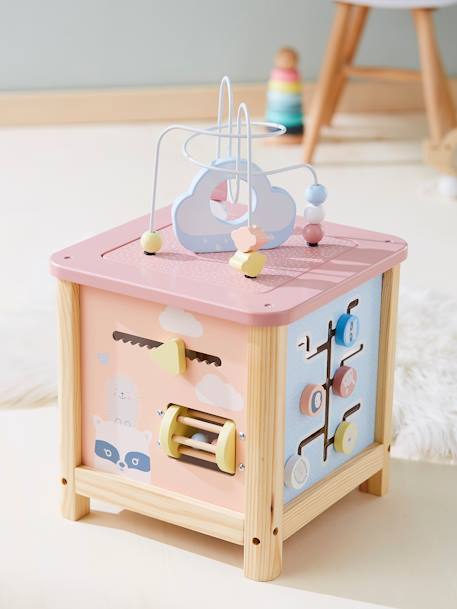 Grote houten activiteitenkubus Beige LOVELY FARM+blauw+roze+Tanzania - vertbaudet enfant 