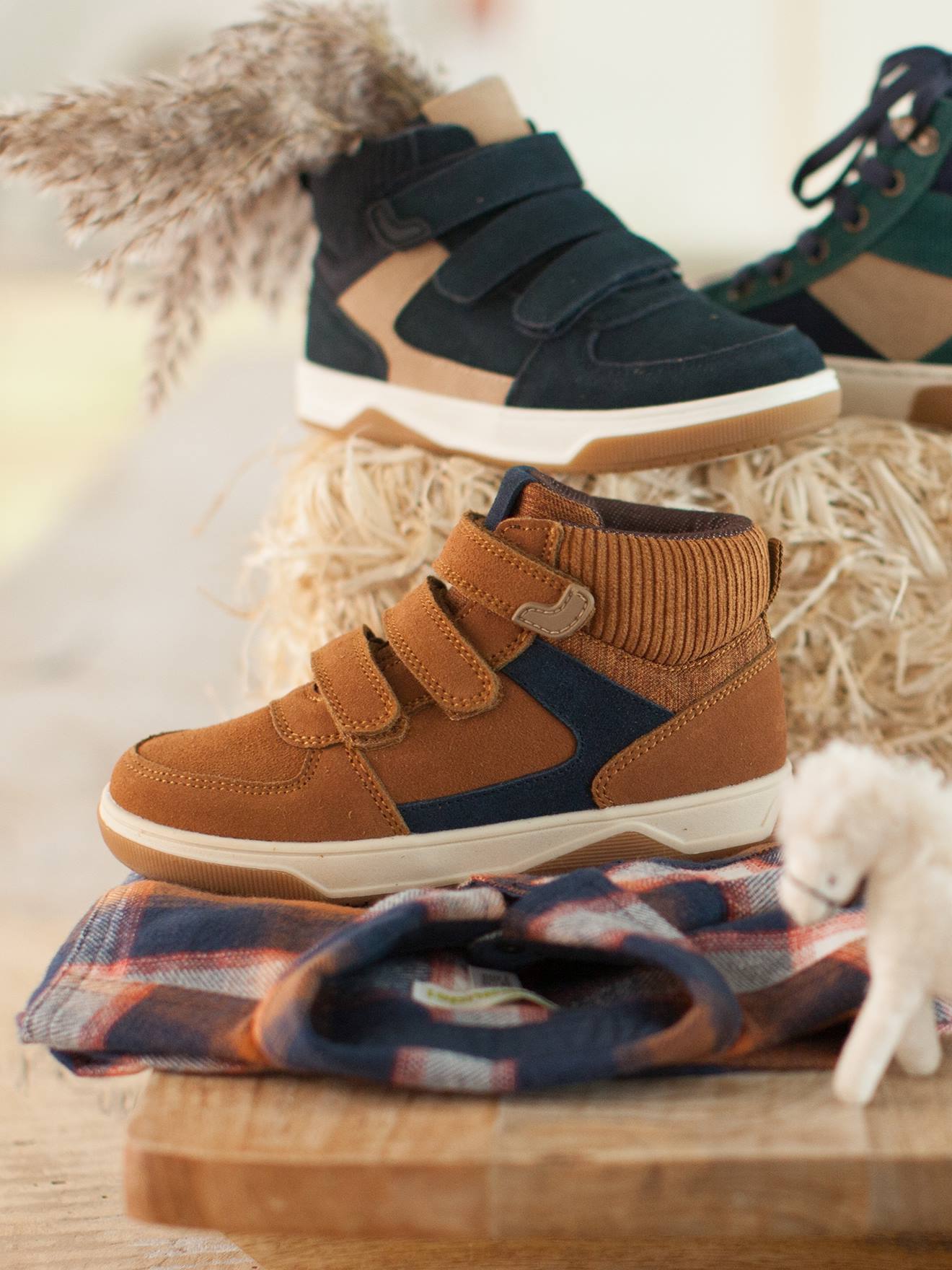 Hoge leren sneakers voor jongens camel