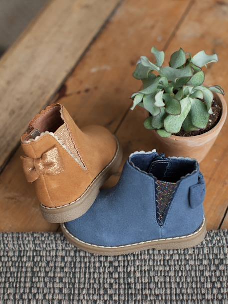 Elastische leren laarsjes voor meisjesbaby's CAMEL+marineblauw+zwart - vertbaudet enfant 