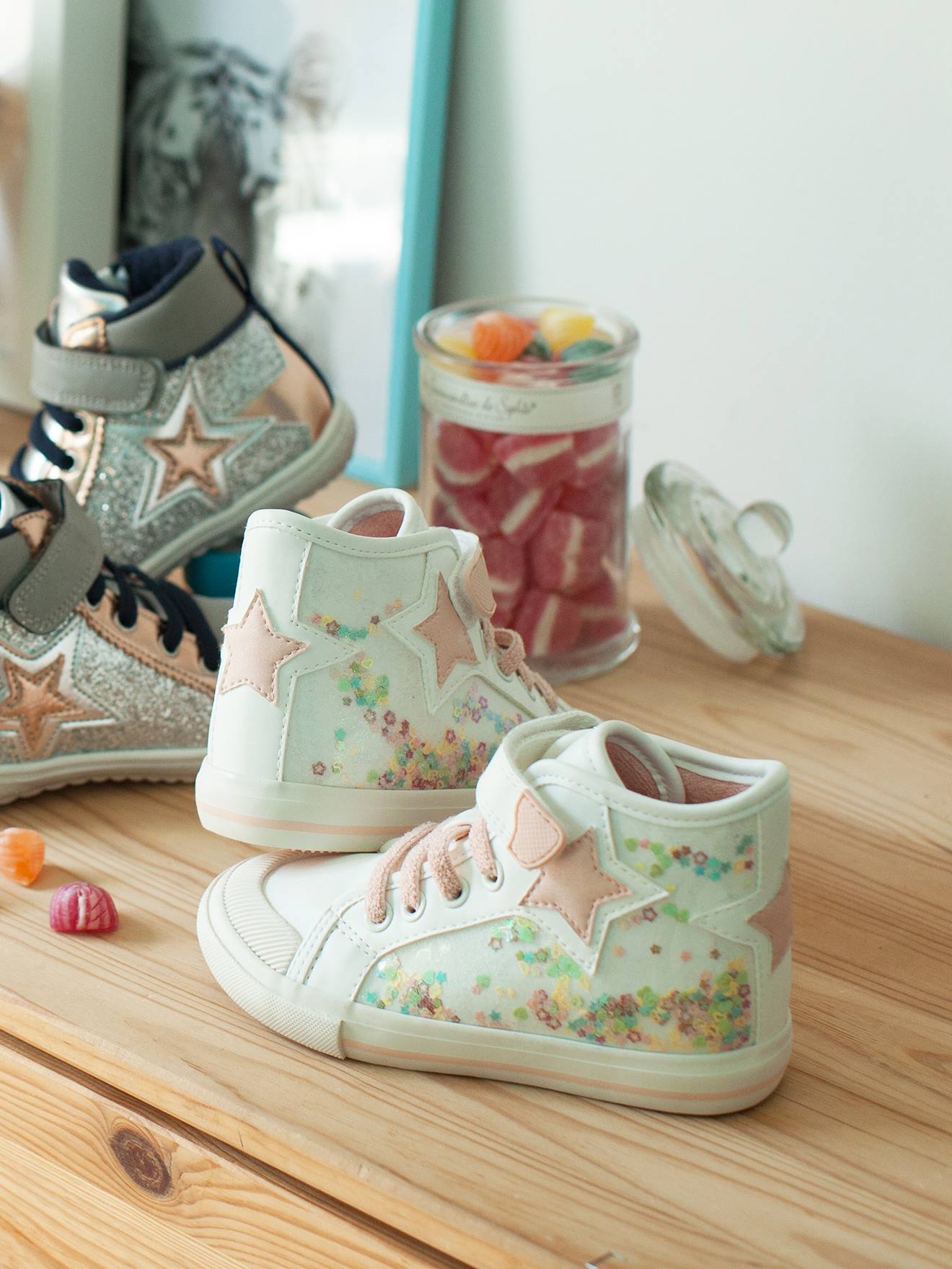 Hoge sneakers met pailletten voor meisjes, kleutercollectie wit