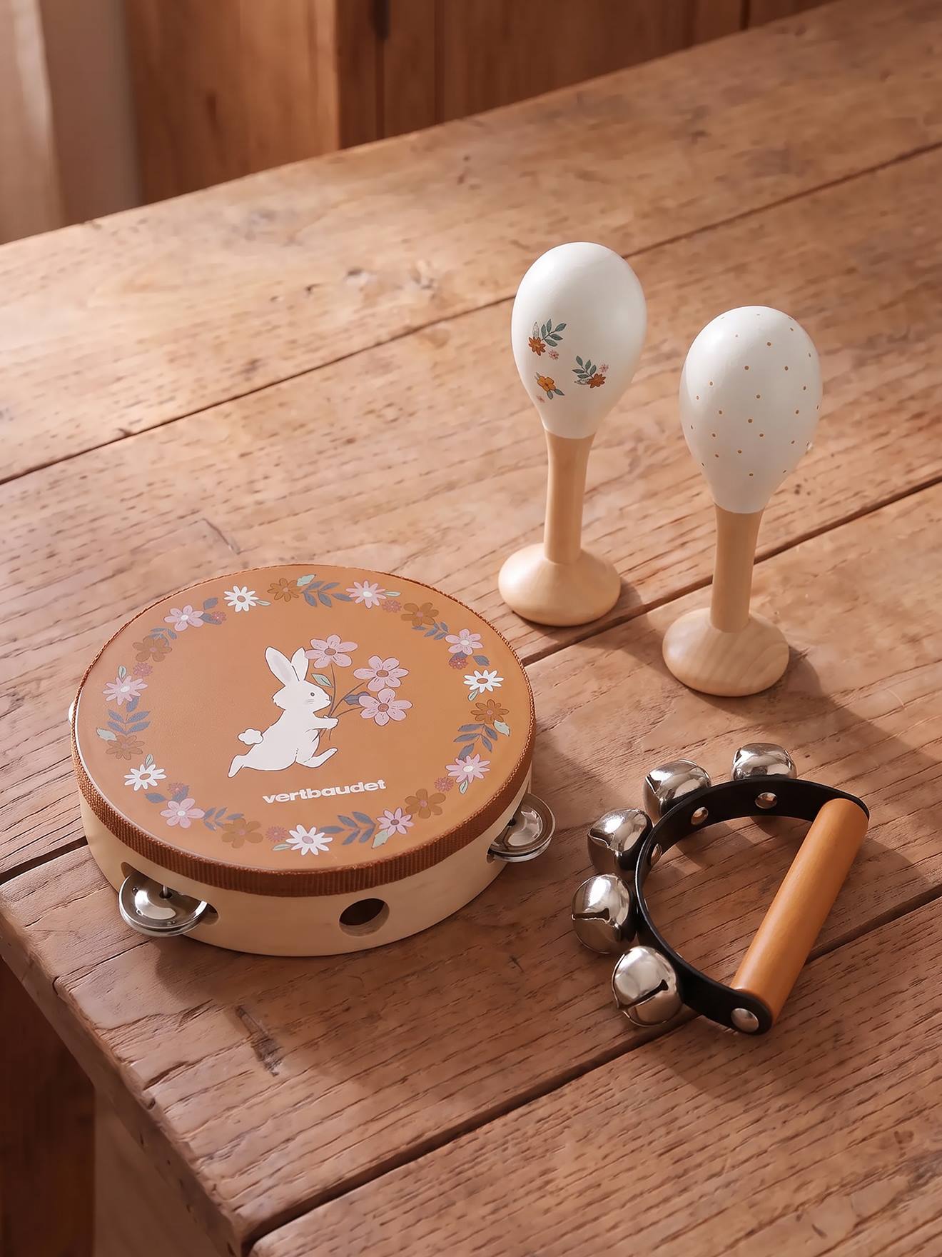 Set van 3 instumenten: maracas, tamboerijn en bellenhandvat rozen