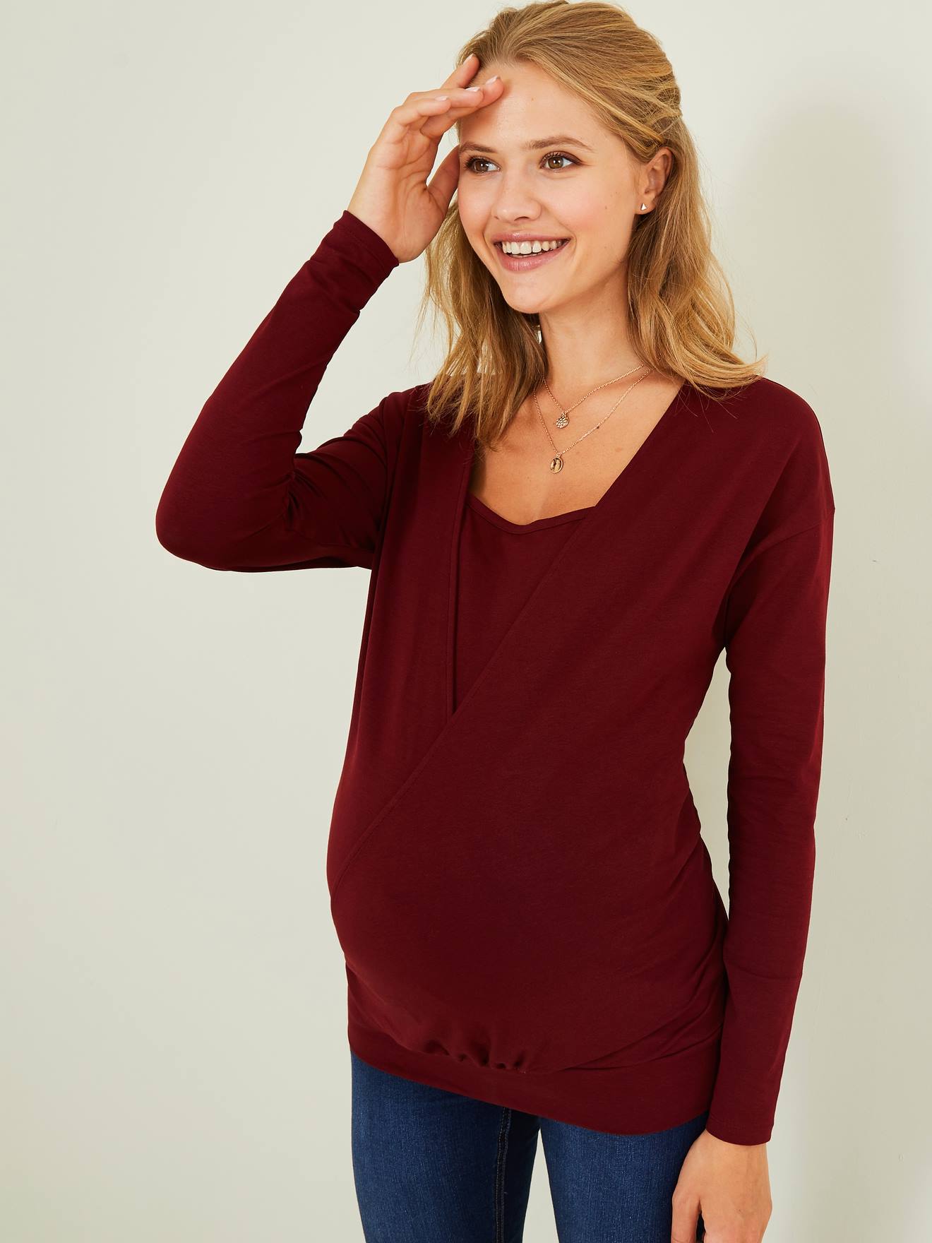 Gekruist zwangerschaps- en borstvoedings-T-shirt bordeaux