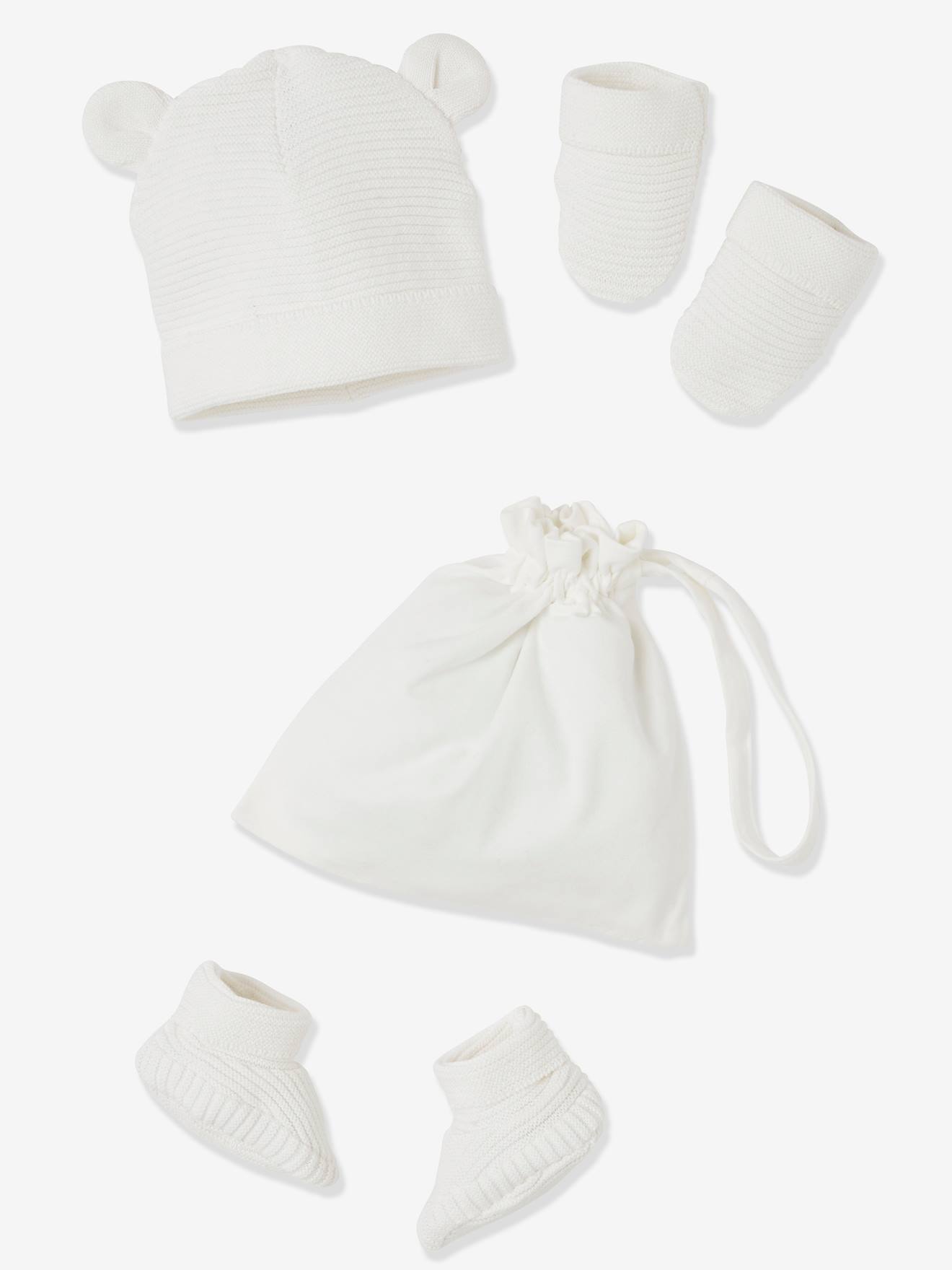 Set babymutsjes, wanten en laarsjes en bijpassend zakje Oeko-Tex® ecru