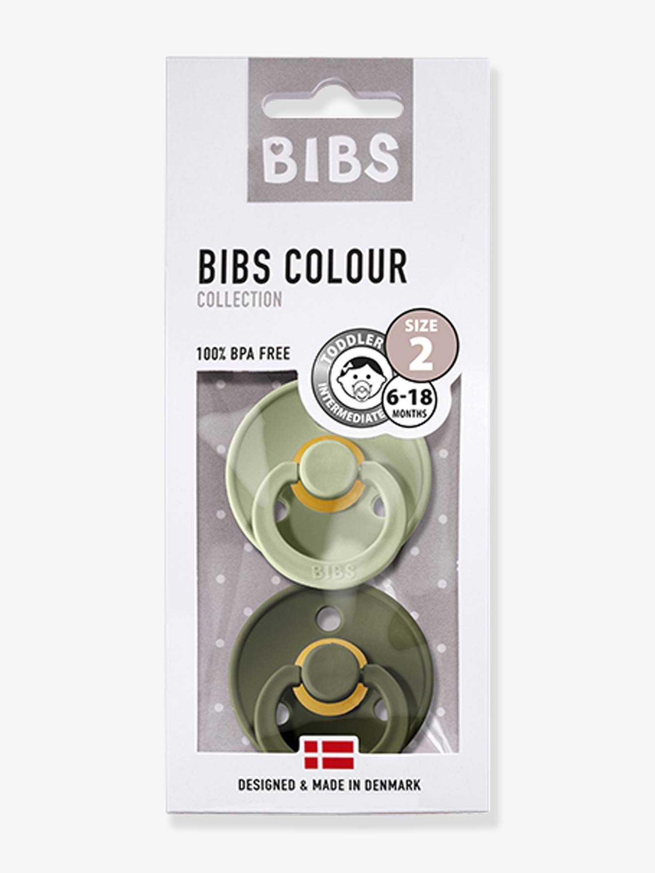 Set van 2 BIBS Colour-fopspenen, maat 2 van 6 tot 18 maanden amandelgroen/khaki