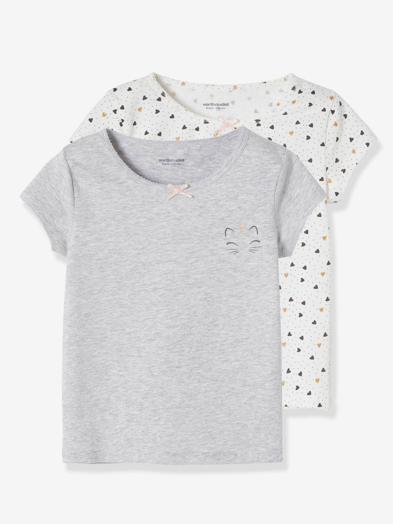 Set van 2 T-shirts met korte mouwen voor meisjes "cat" ivoor met print