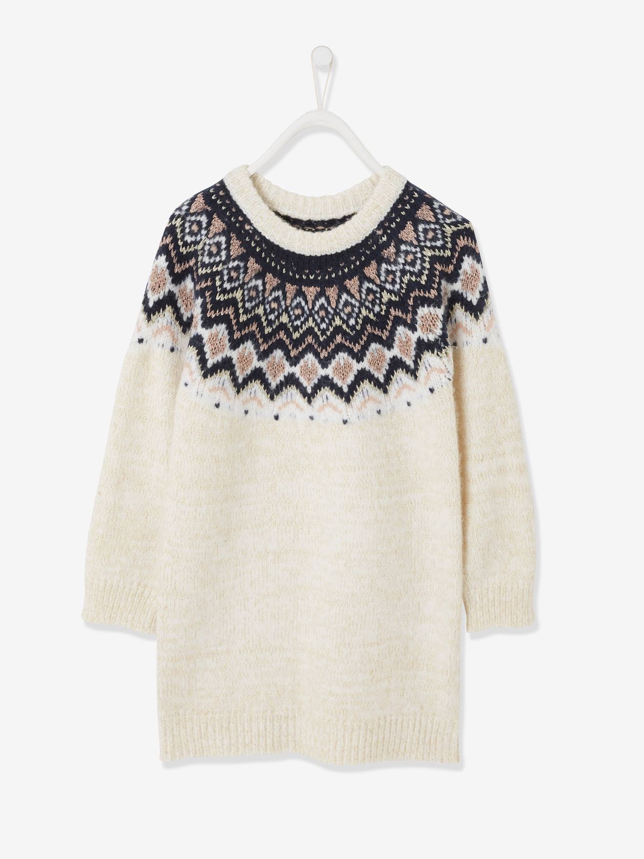 Jacquard meisjesjurk van iriserend tricot ecru