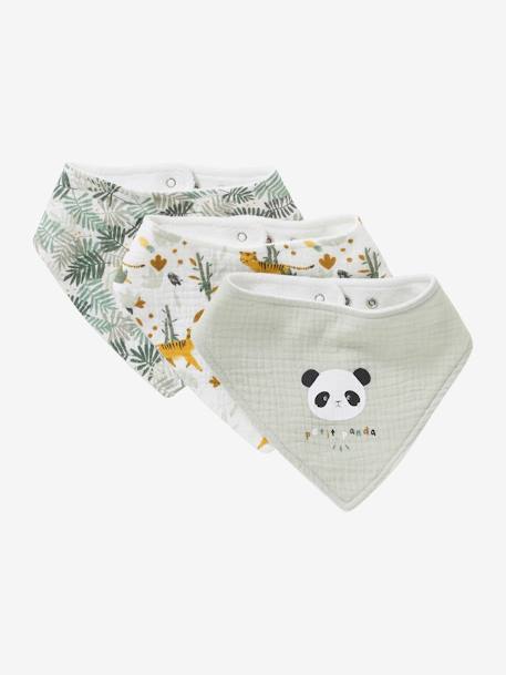 Set met 3 slabbetjes van katoengaas beige, bedrukt+ecru+ijsblauw+oudroze+saliegroen+set groene panda+set vos+WIT - vertbaudet enfant 