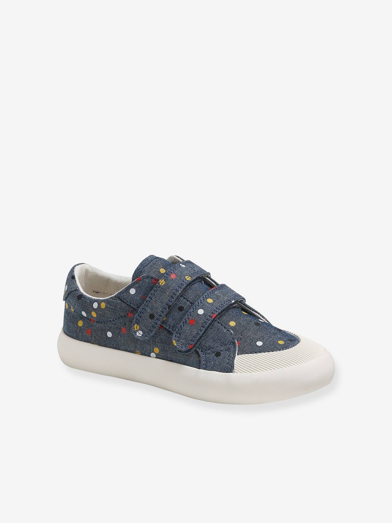 Stoffen sneakers met klittenband en print voor meisjes - blauw met stippen,  Schoenen
