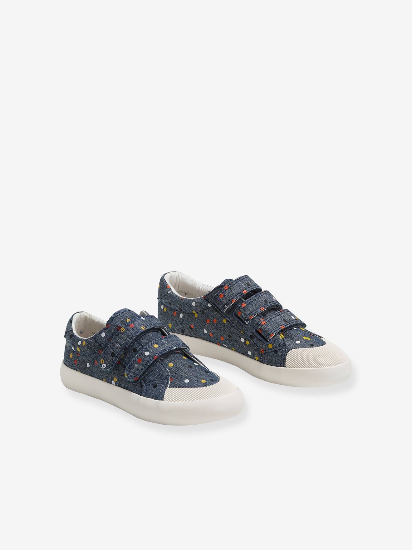 Stoffen sneakers met klittenband en print voor meisjes - blauw met stippen,  Schoenen