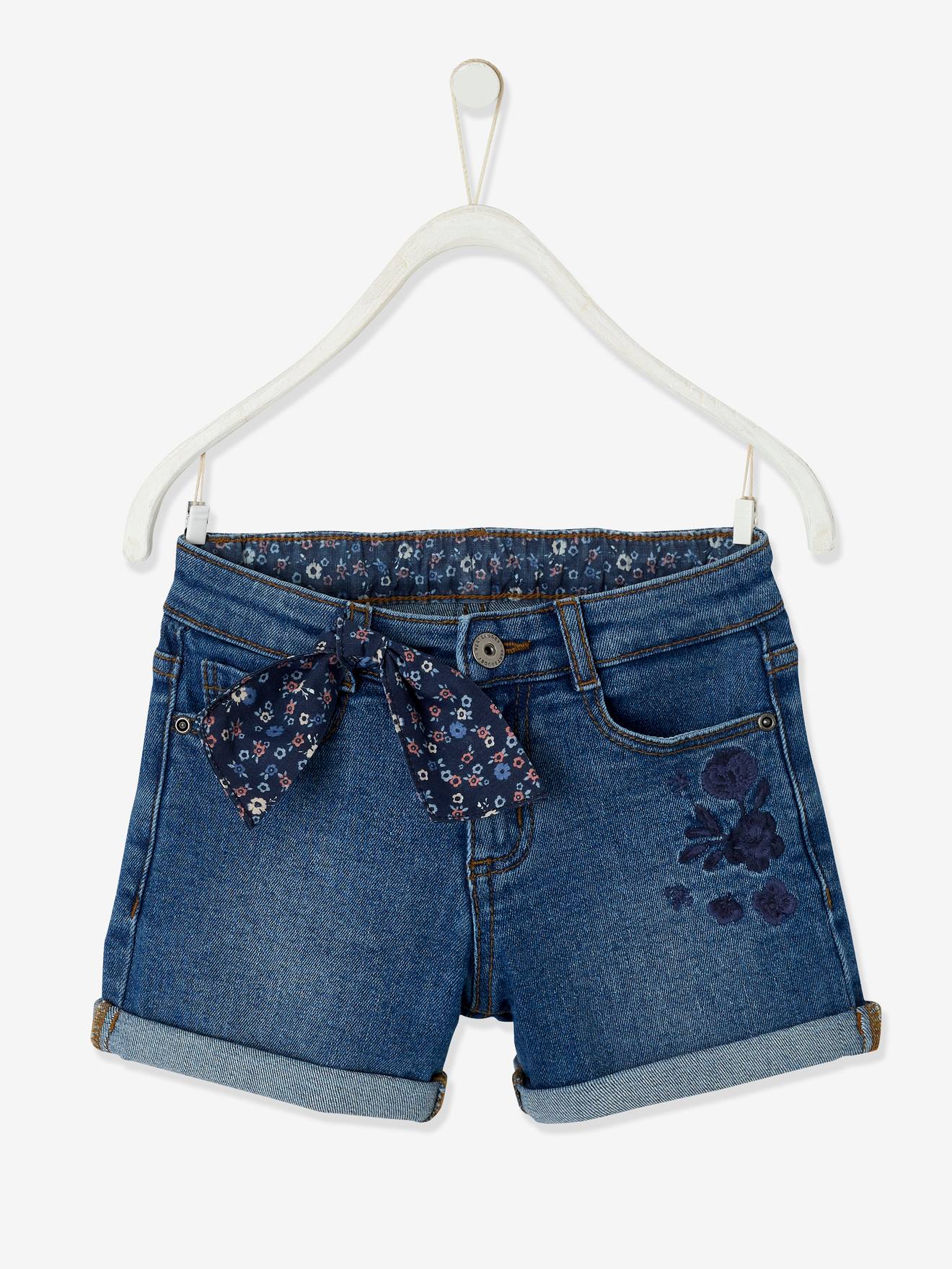 Geborduurde denim meisjesshort met bloemenstrik stone