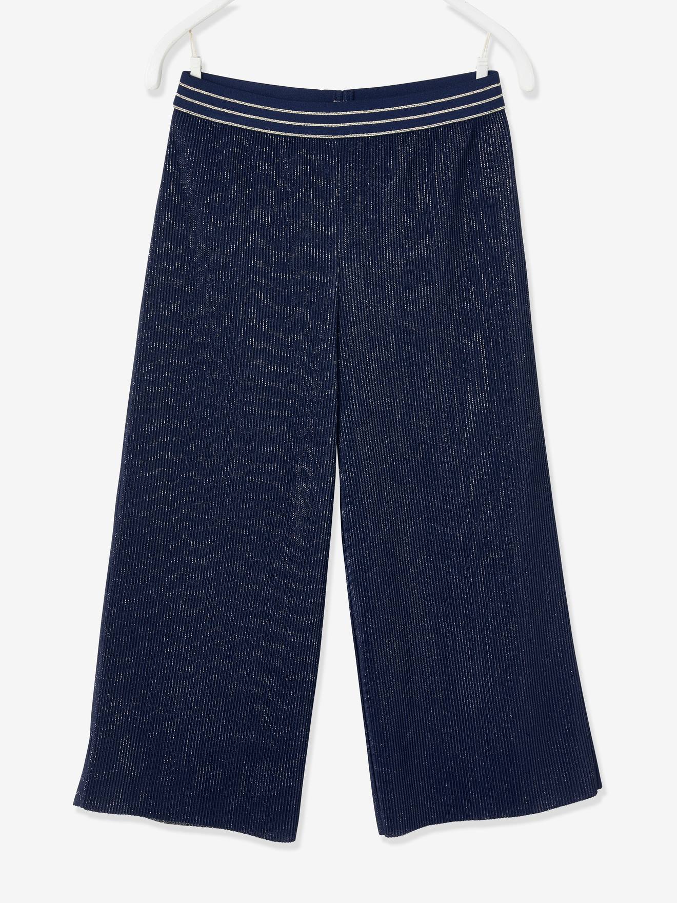 Wijde feestelijke pantalon voor meisjes, in iriserende plooitjesstof donker marineblauw