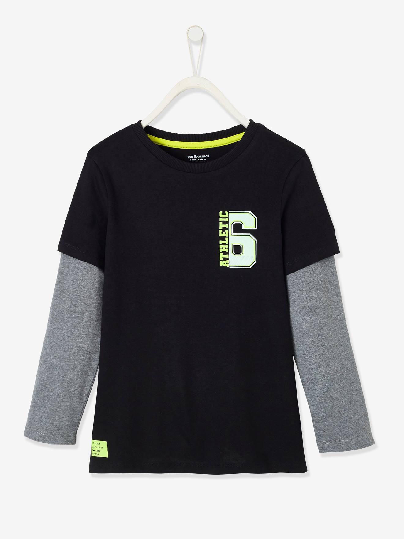 Sportief jongensshirt met 2-in-1-effect en fluorescerende details zwart