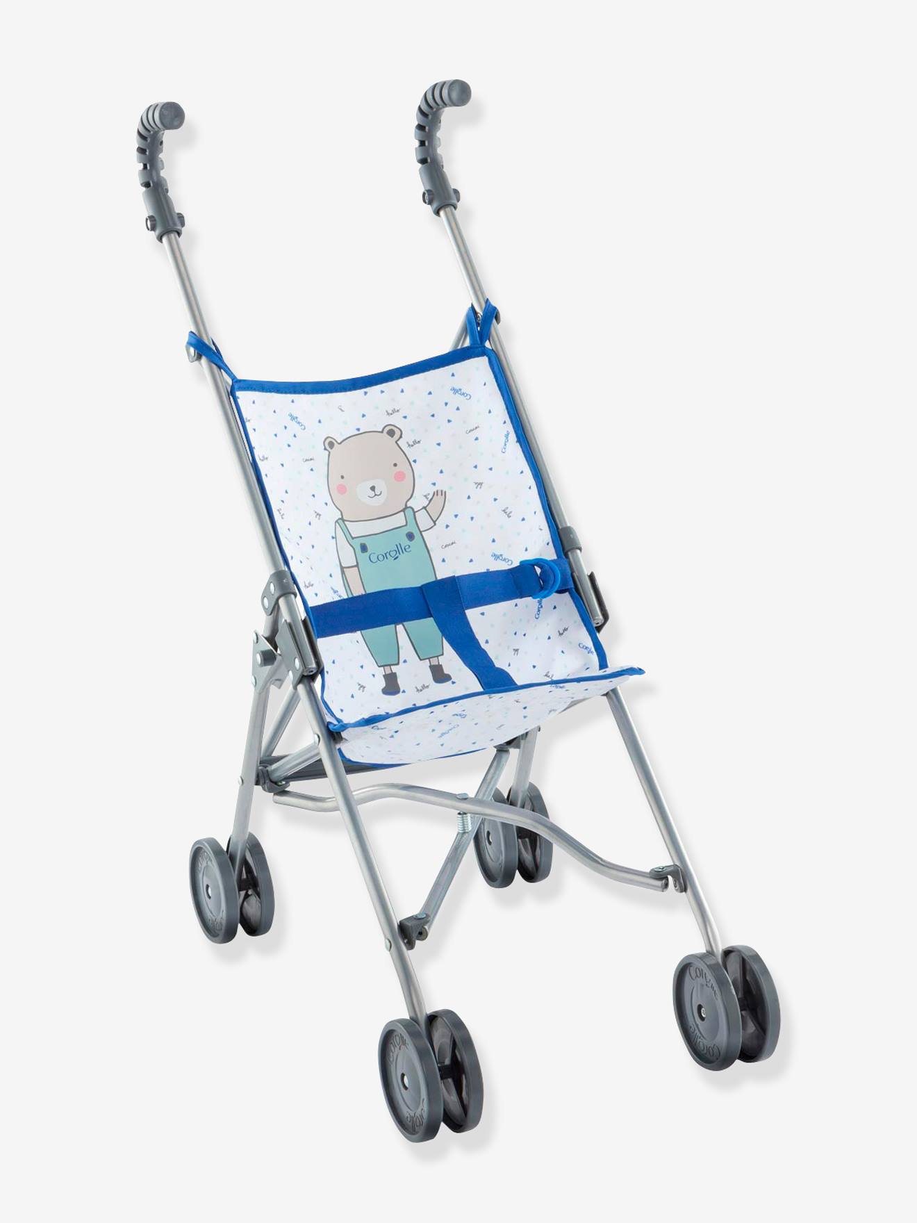 Blauwe rieten wandelwagen COROLLE voor poppen van 36 tot 42 cm roze