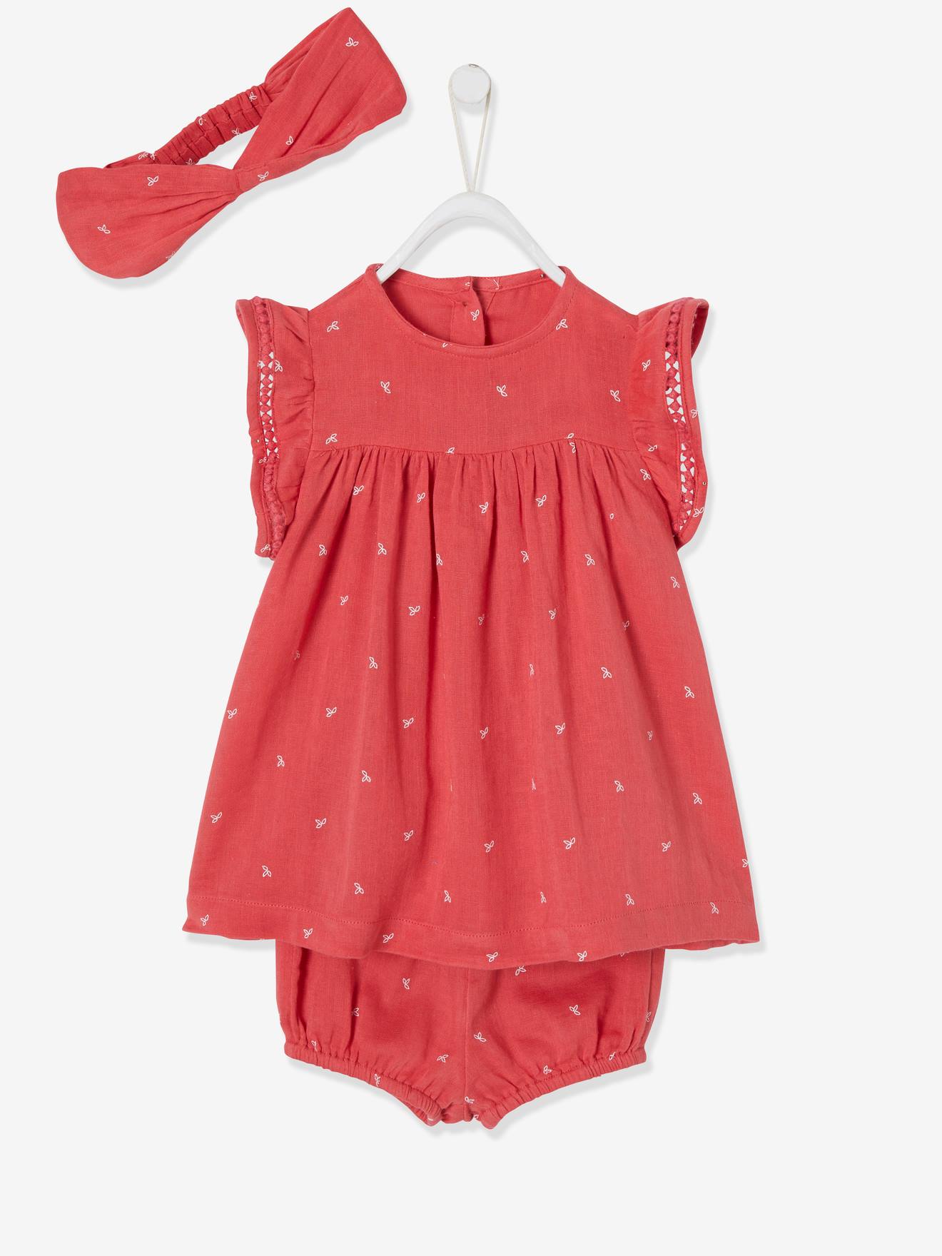 Bedrukt setje jurk, bloomer en hoofdband voor baby roze met print