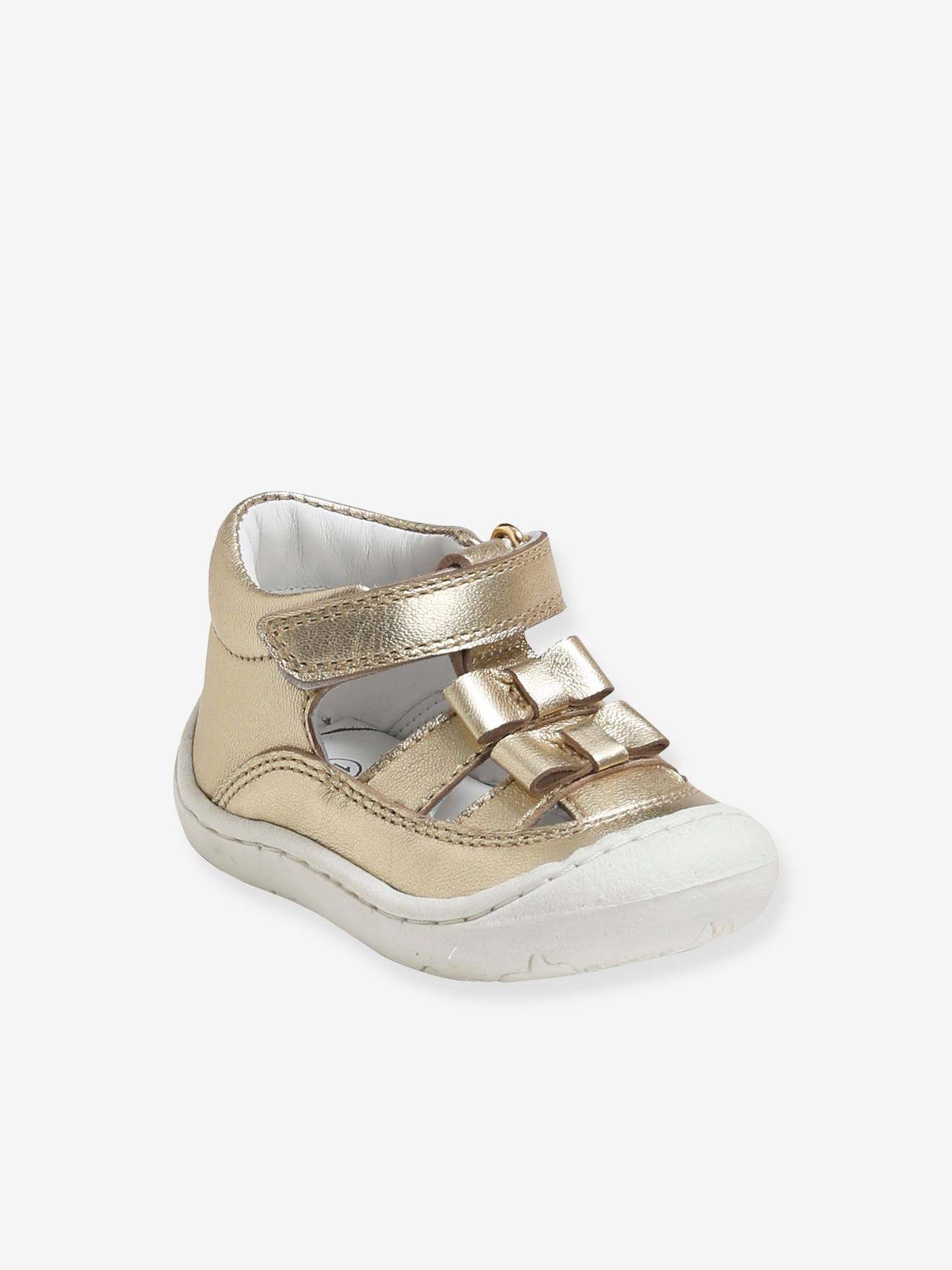 Zachte lederen meisjesschoentjes voor baby's die kunnen kruipen metallic goudkleurig