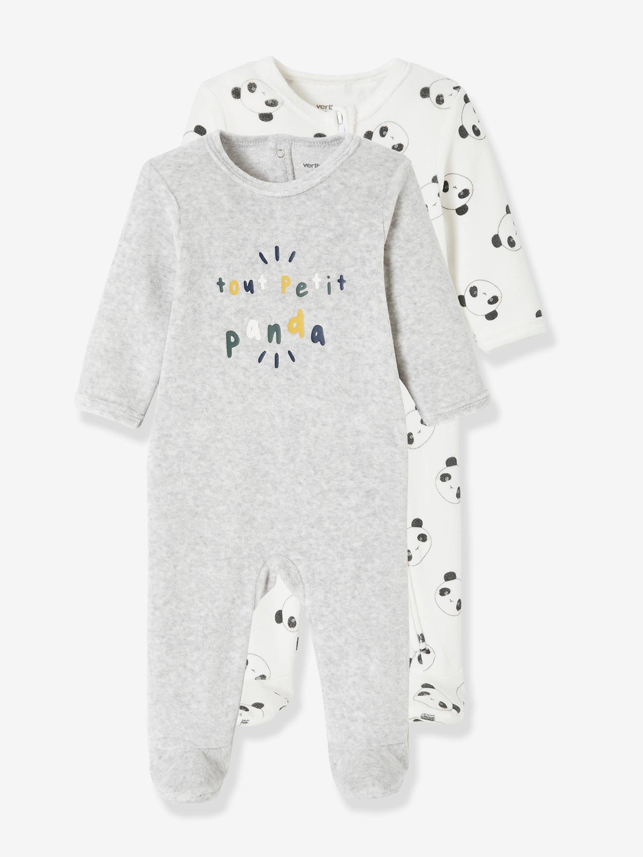 Set van 2 fluwelen "Panda" babypyjama's set ivoor