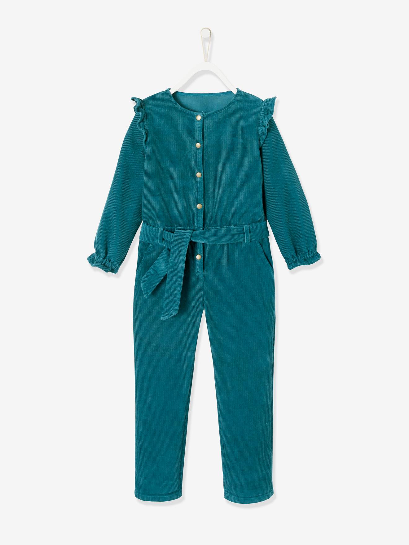 Meisjesjumpsuit in velours, met ruches, donkergroen