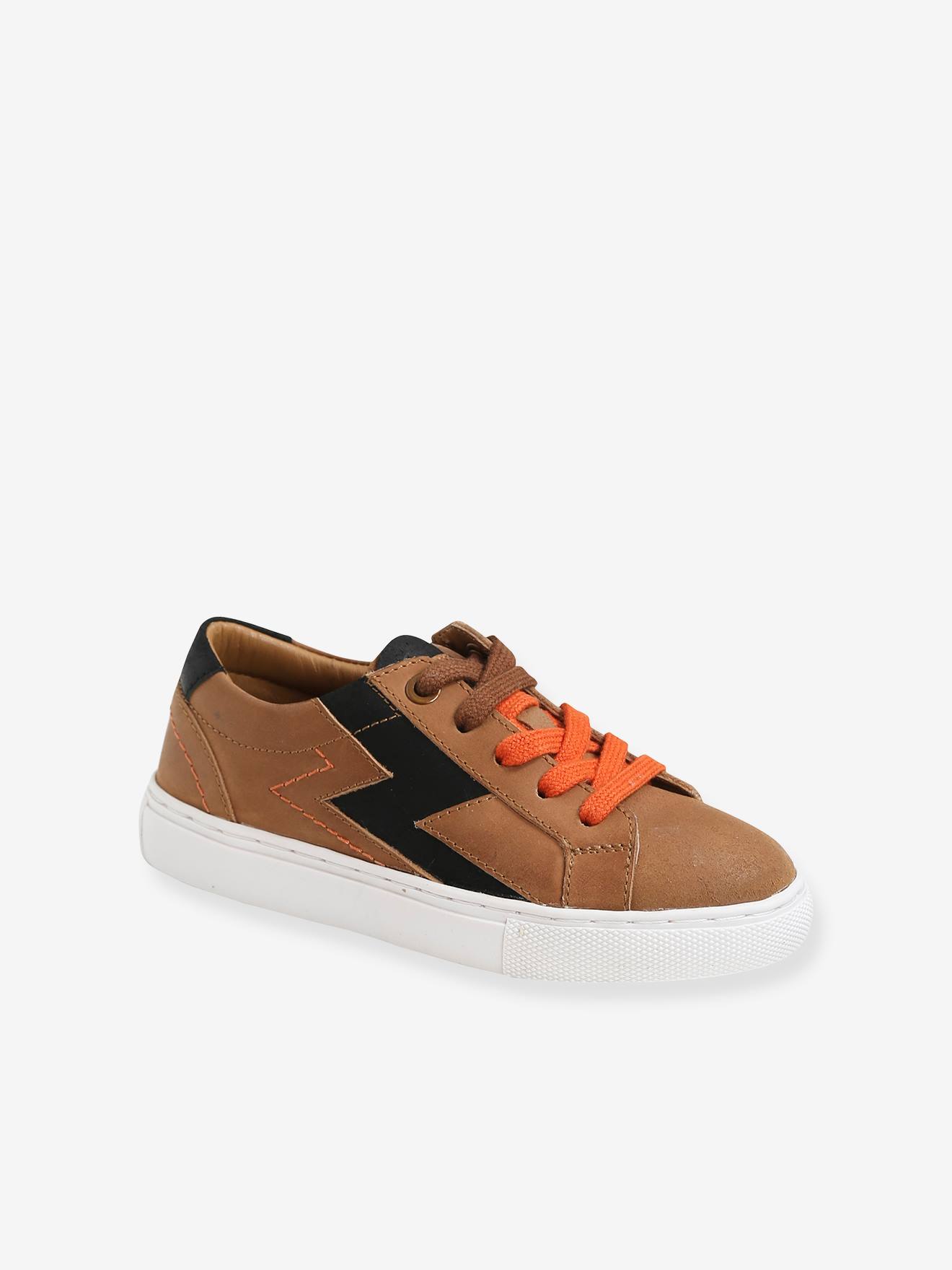 Leren sneakers met veters en rits - cognac, Schoenen