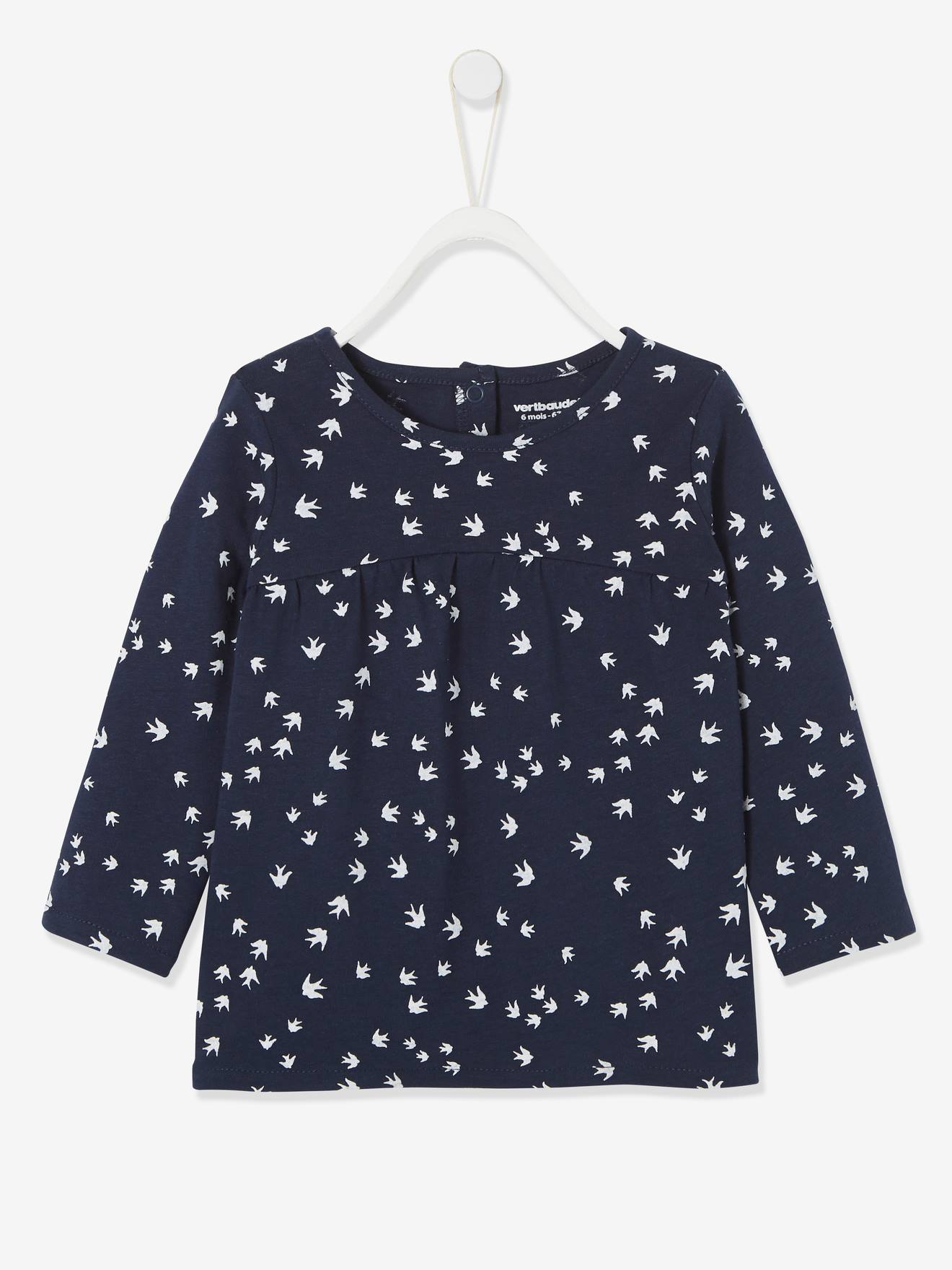 T-shirt met print babymeisje marineblauw met vogelprint