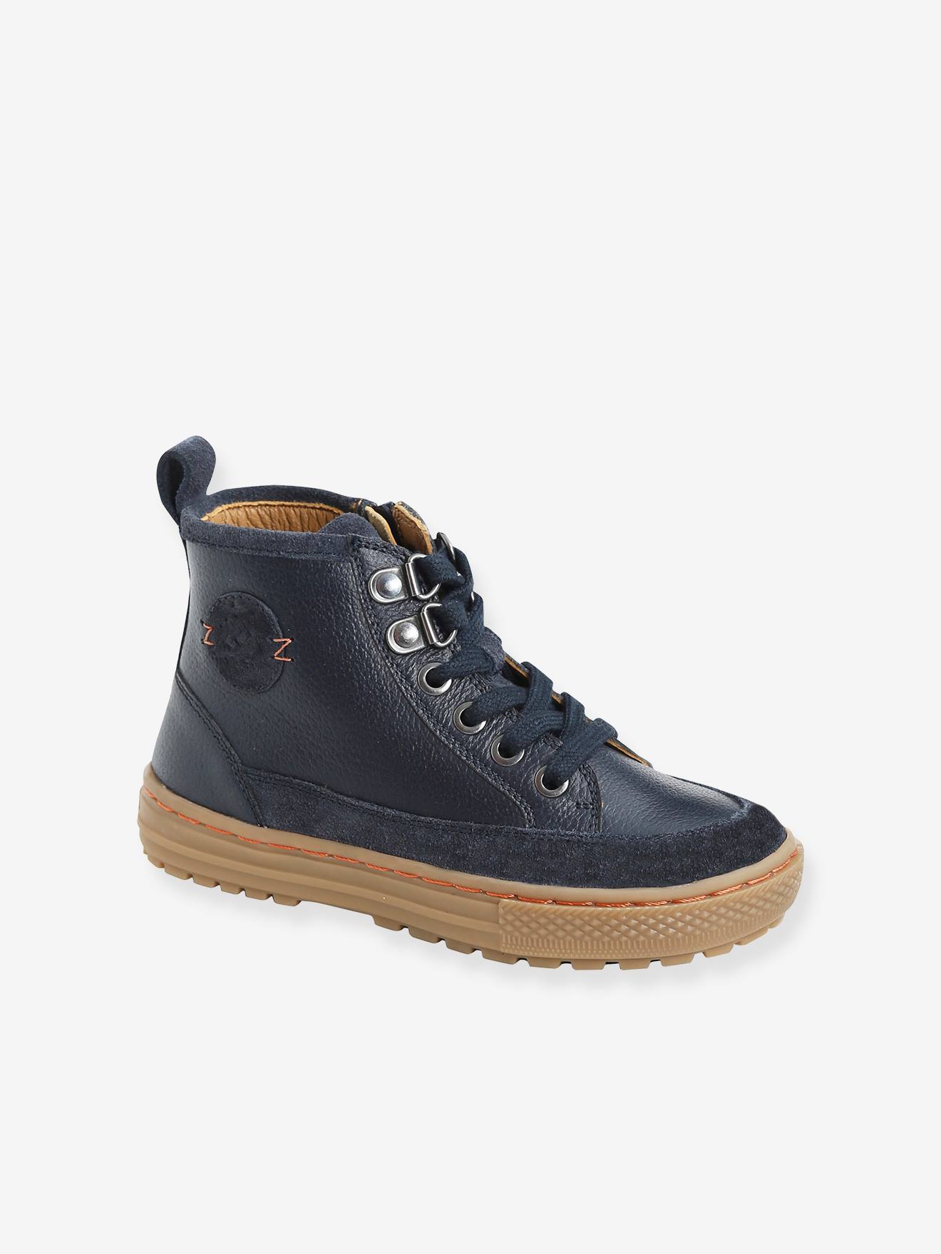 Hoge leren sneakers voor jongens met veters en klittenband - marineblauw,  Schoenen