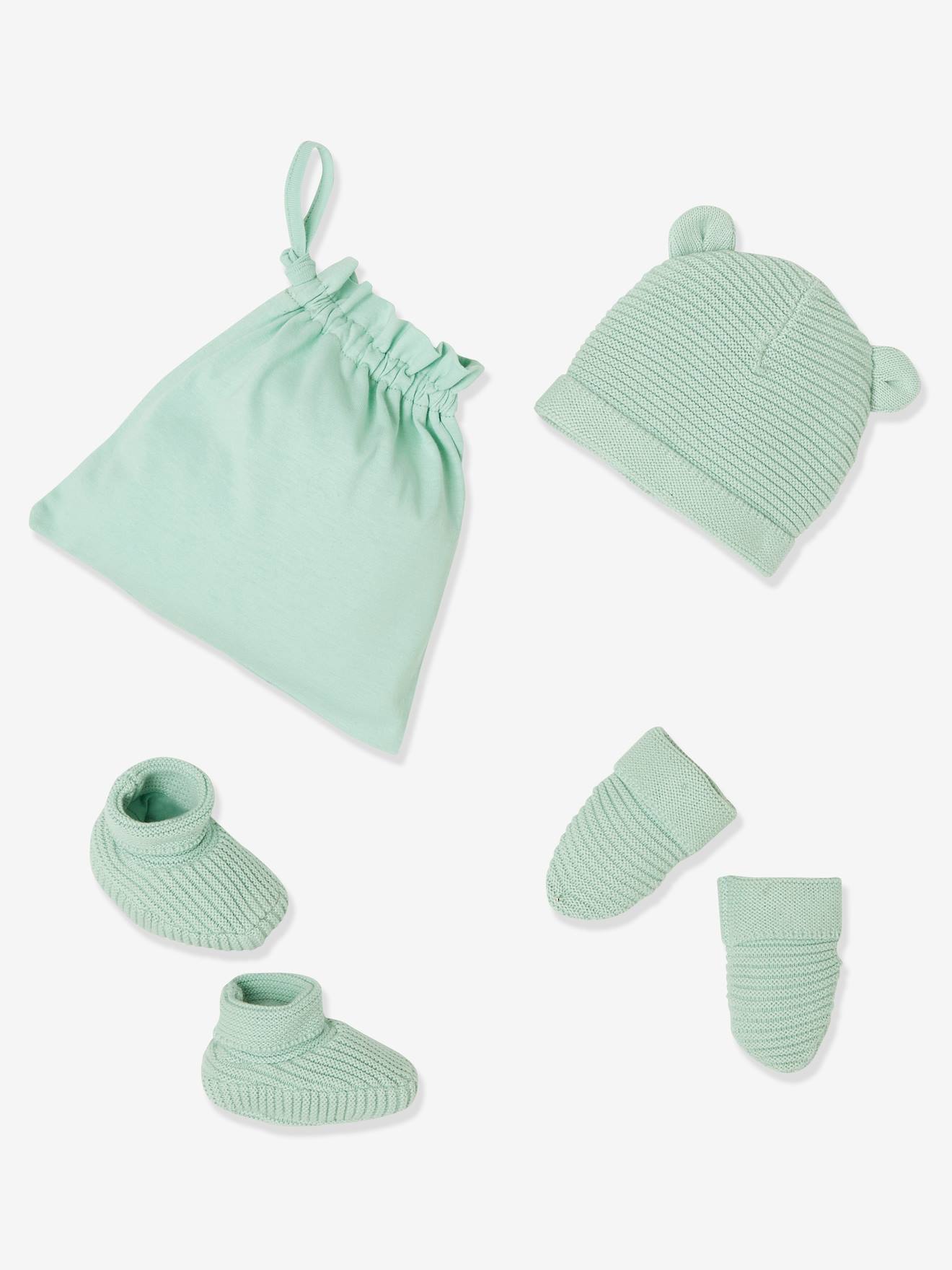 Set babymutsjes, wanten en laarsjes en bijpassend zakje Oeko-Tex® saliegroen