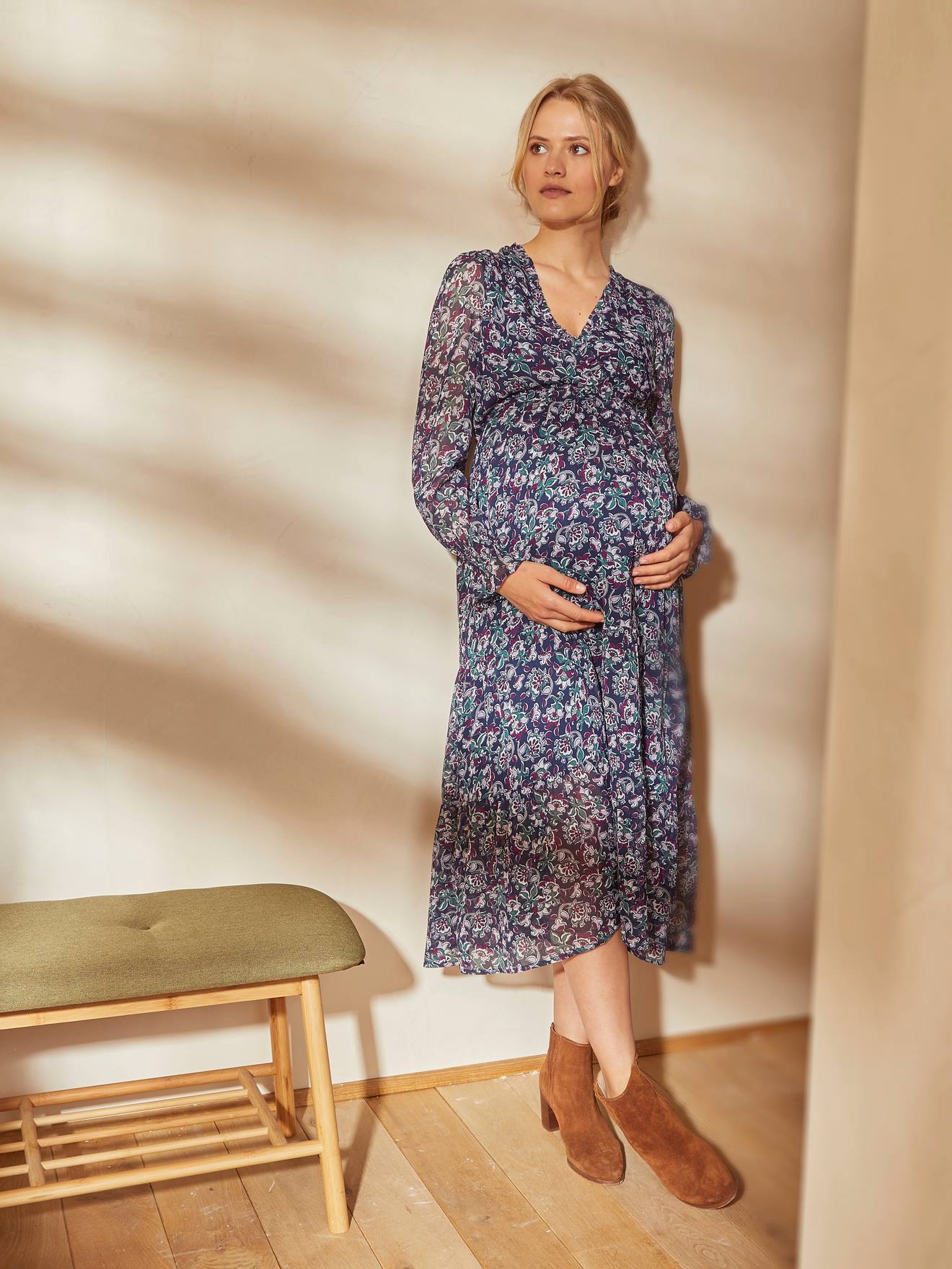 aanplakbiljet liefde Vormen Lange jurk crêpe met print zwangerschap en borstvoeding - aop blauw,  Zwangerschapskleding