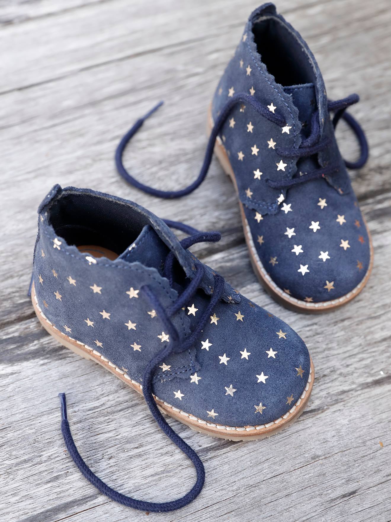 Laarzen met leren veters voor meisjesbaby's marine met sterrenprint
