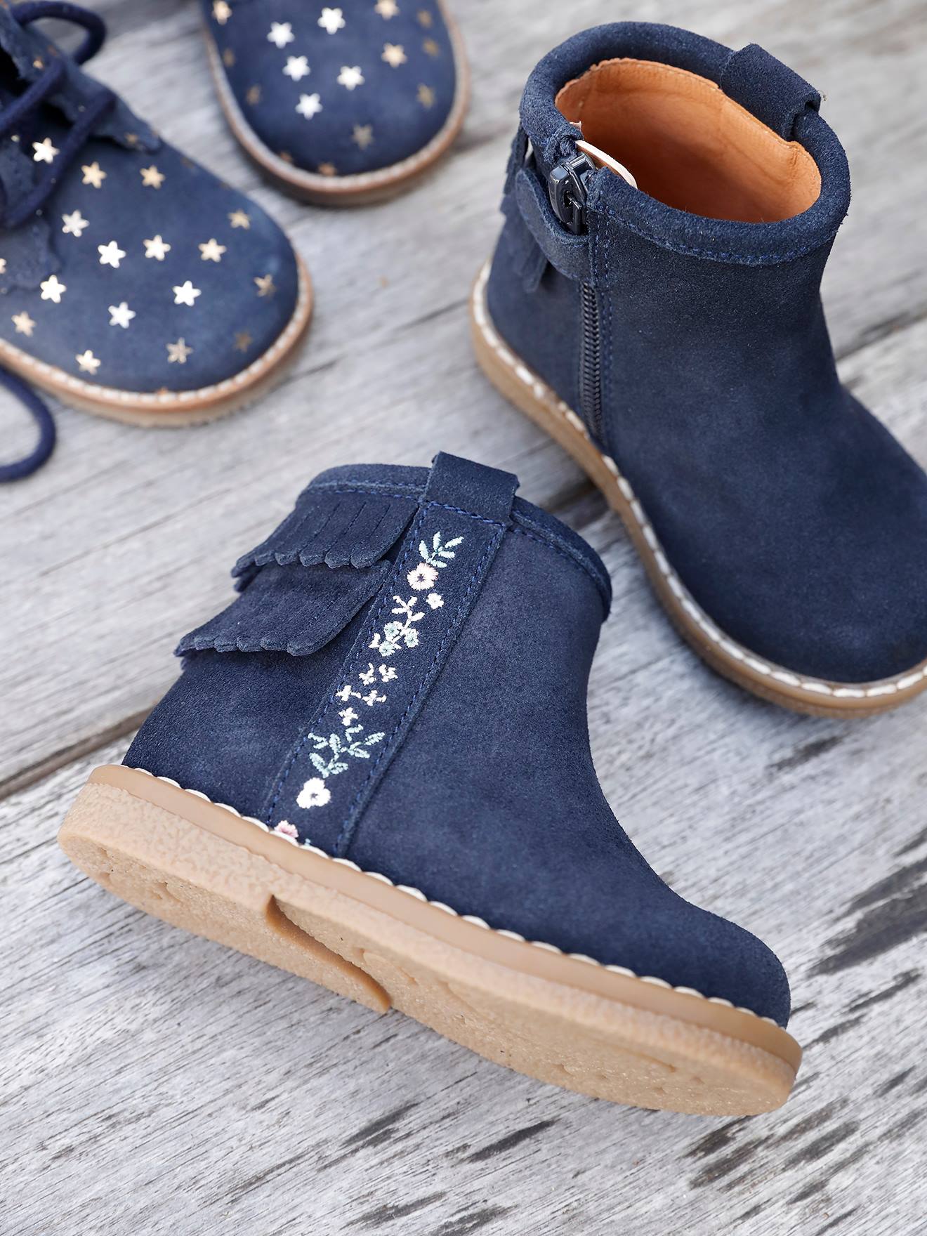 Leren boots met franjes meisjesbaby marineblauw