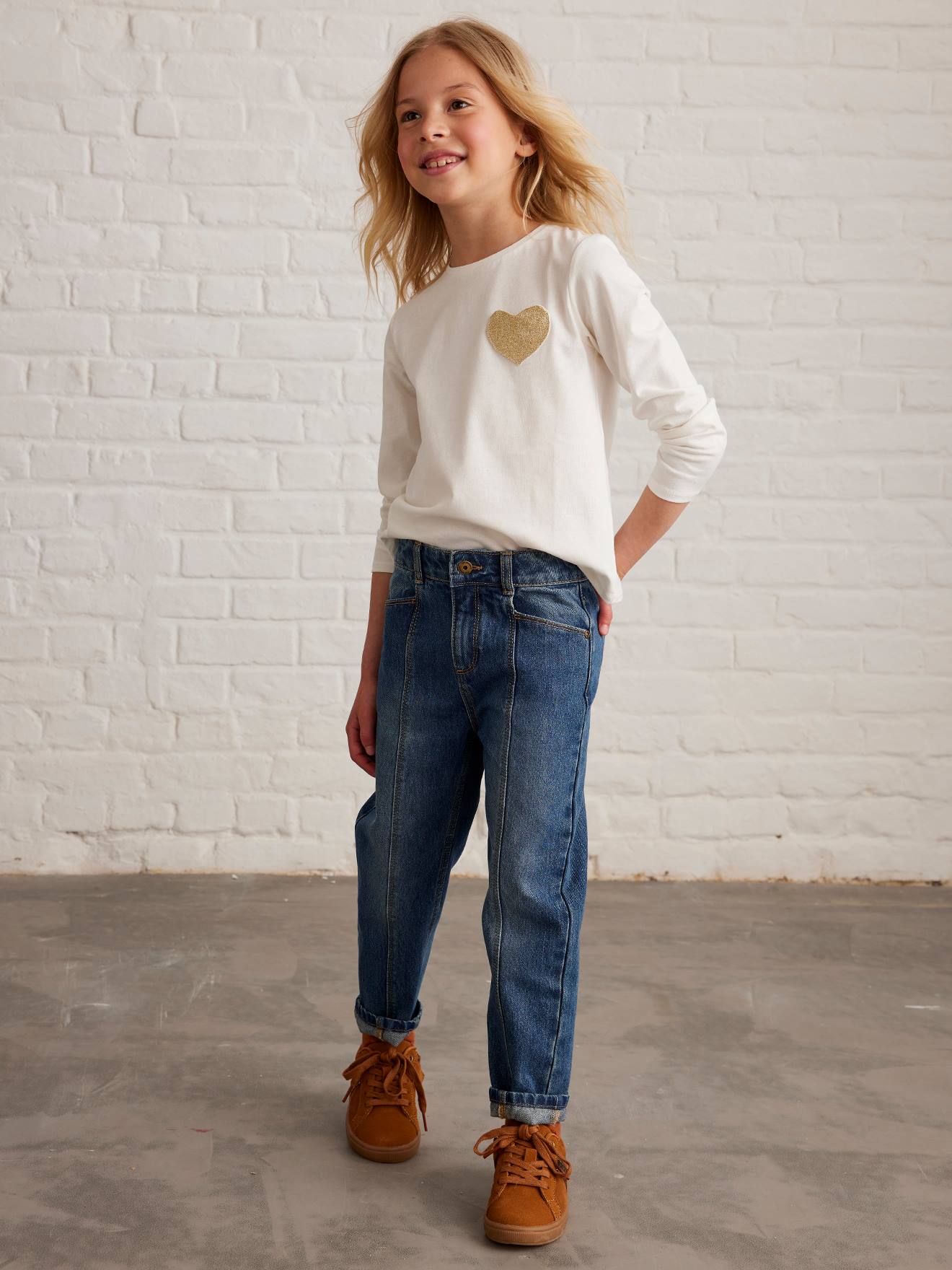 Meisjesjeans "Mom fit" met duidelijke uitsnijdingen denim stone