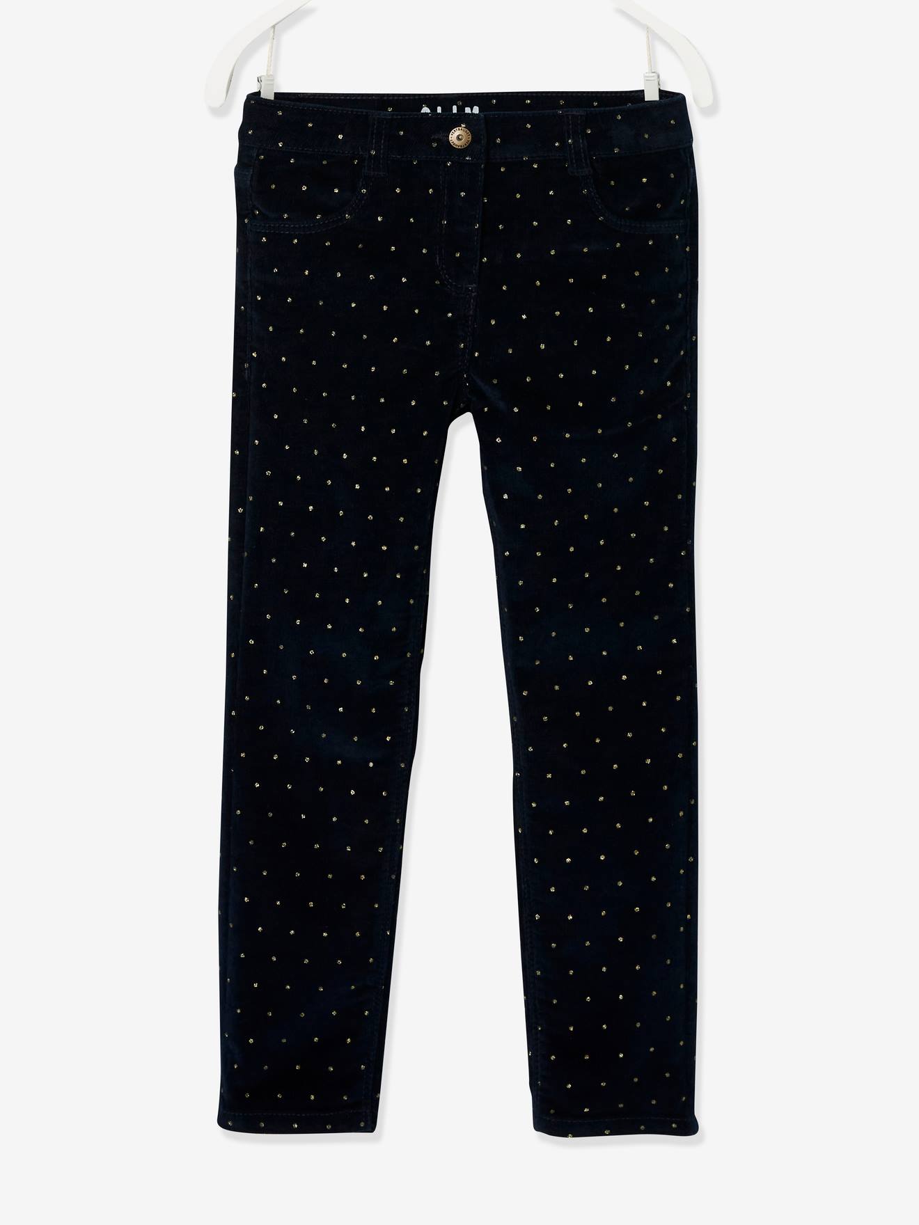 Slim fit MorphologiK meisjesbroek van fluweel met iriserende polka dots heupomtrek large bedrukt marineblauw