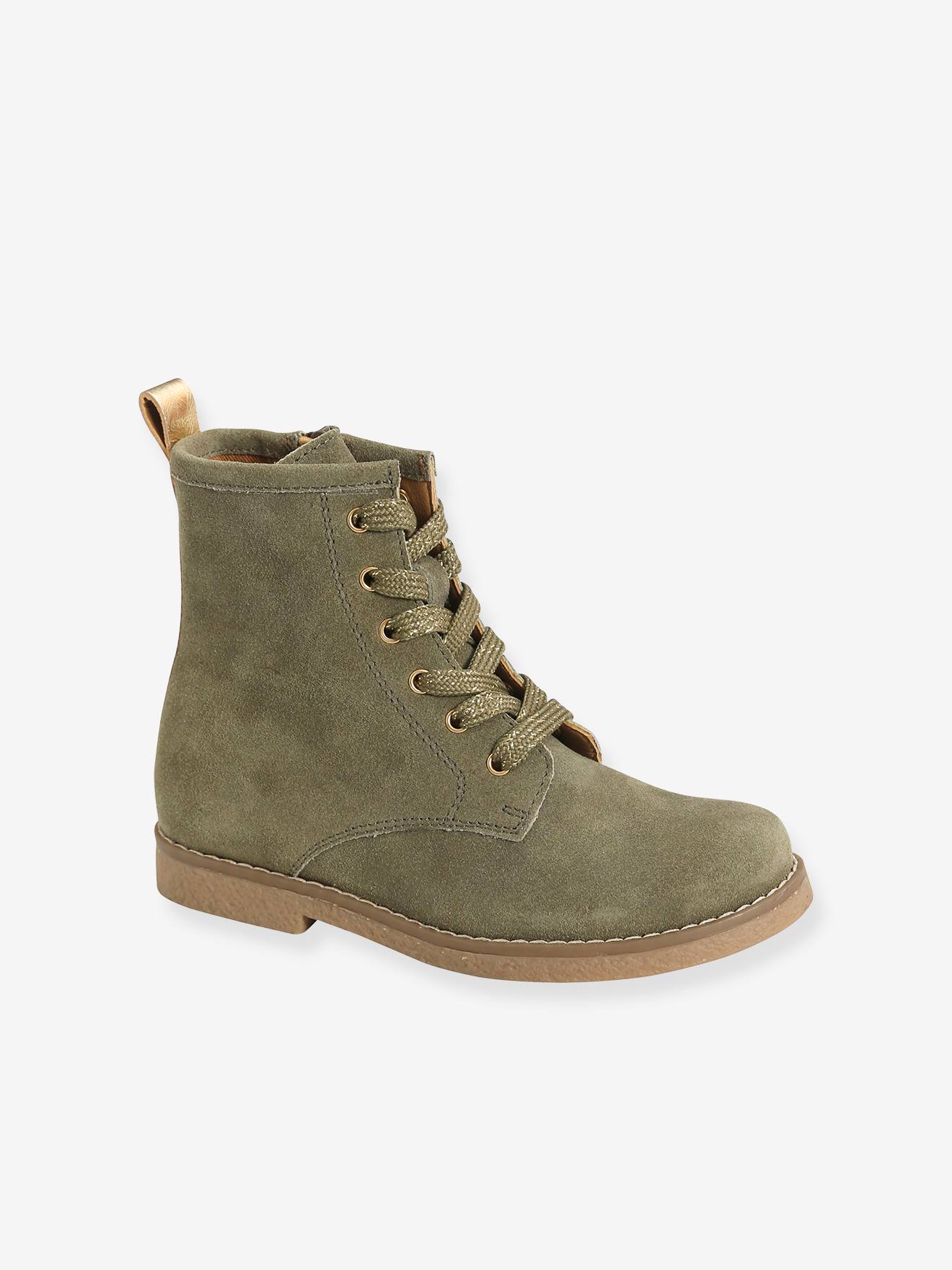 Leren veterlaarzen voor meisjes + rits - kaki, Schoenen