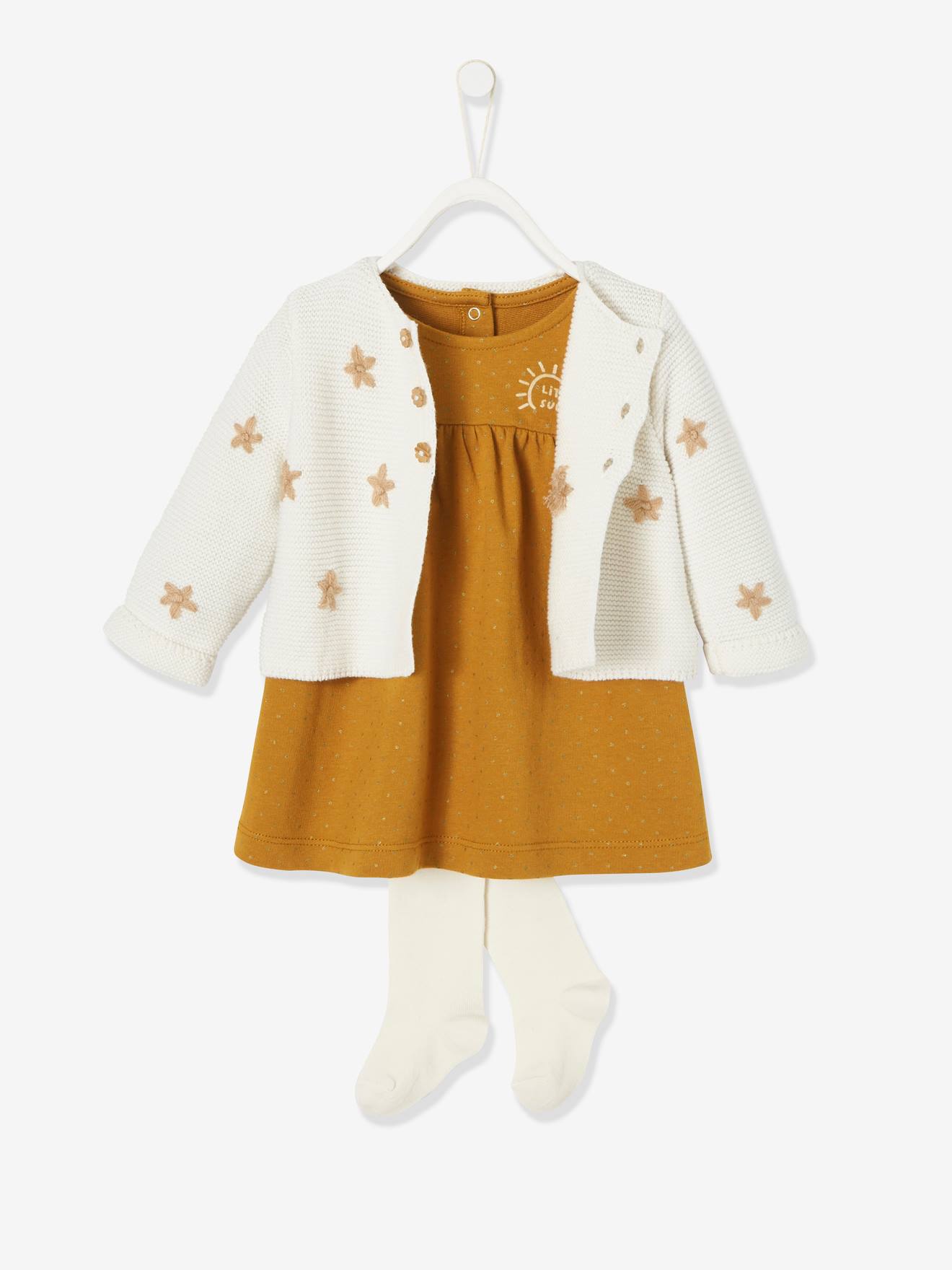 Geborduurd vestje + fleece jurkje + maillot babyset caramel met print