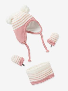 Oeko Tex® muts + snood + wanten gestreepte set voor babymeisjes roze gestreept kopen? Lees eerst dit