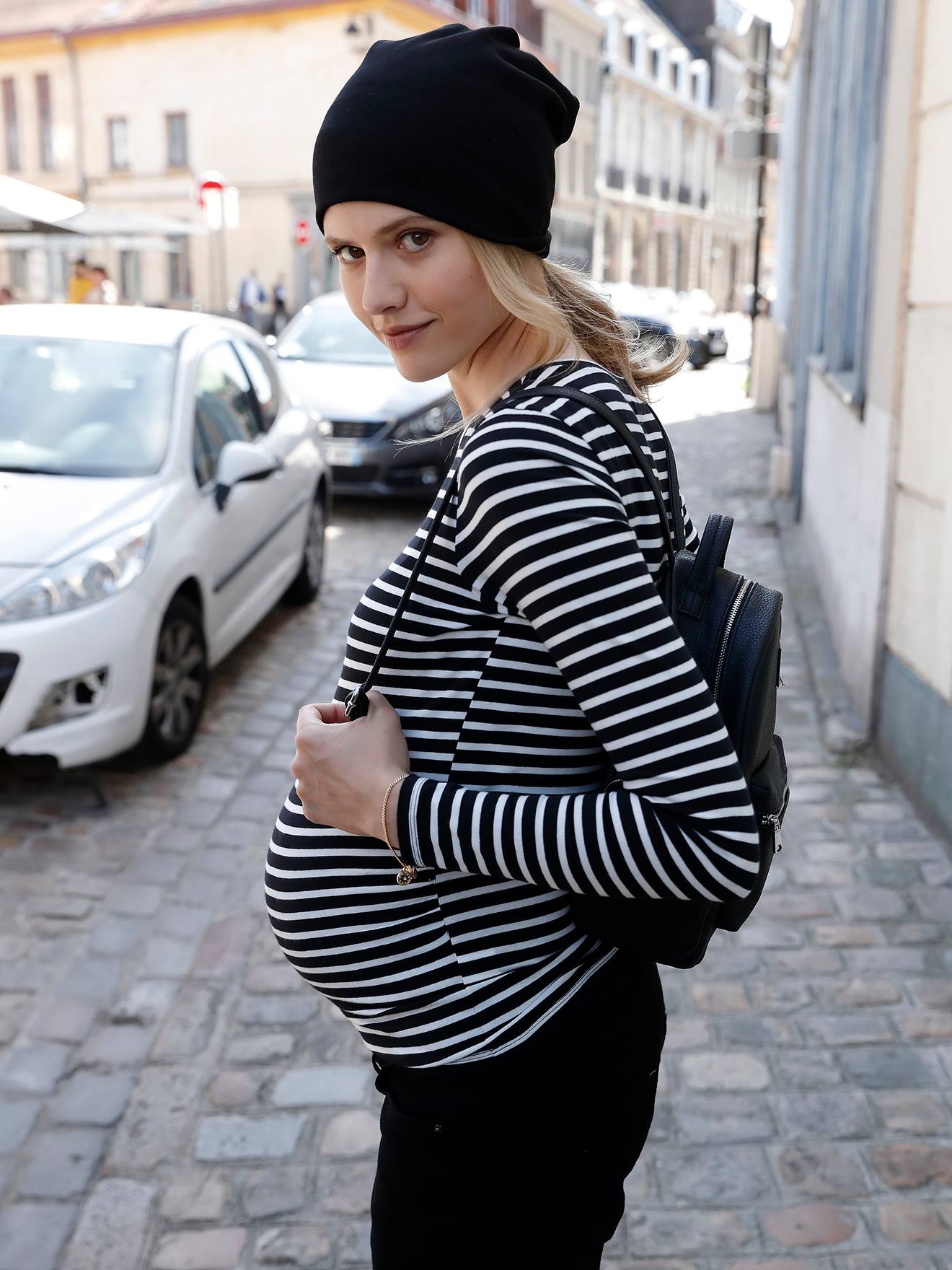 Zwangerschapsshirt met lange mouwen zwart gestreept/wit