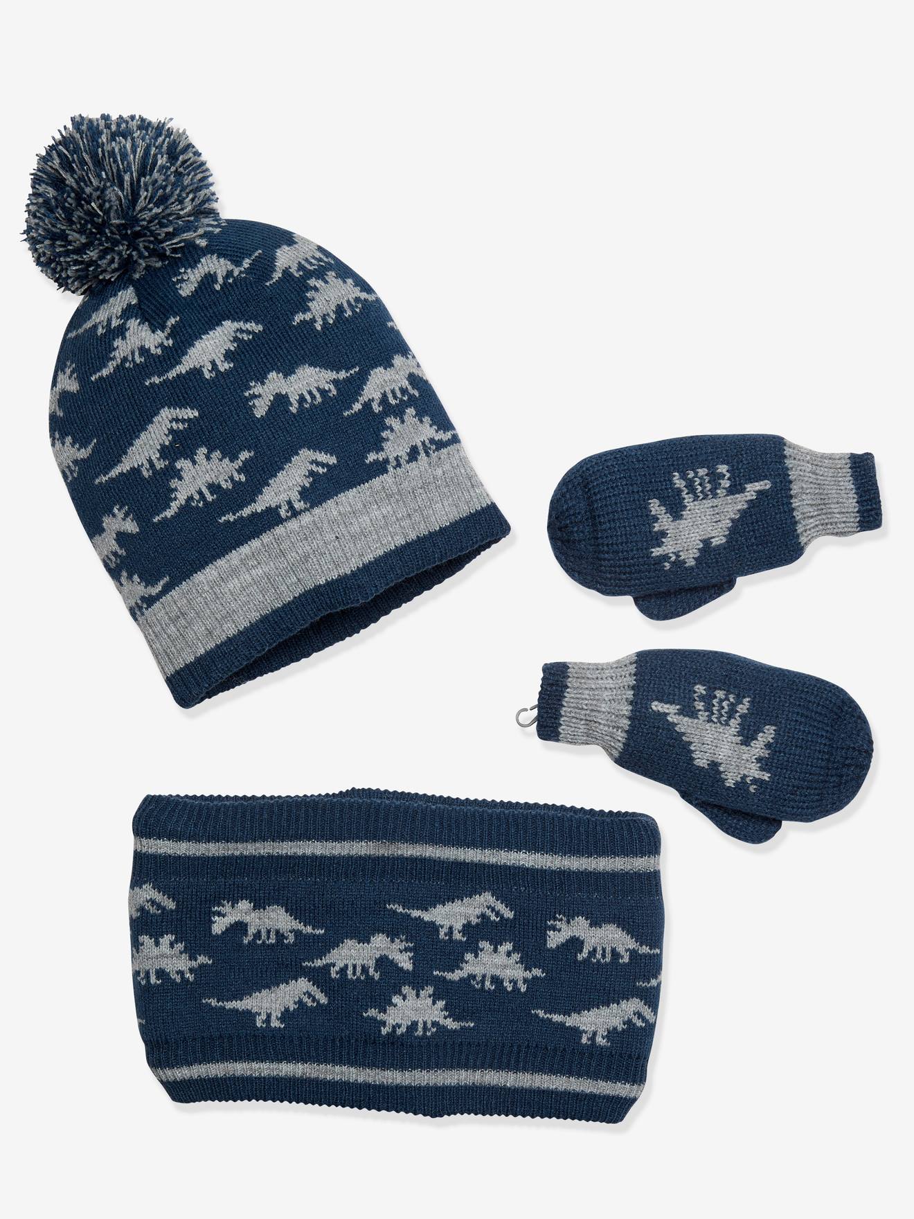 Set dino muts + snood + wanten Oeko Tex® blauw