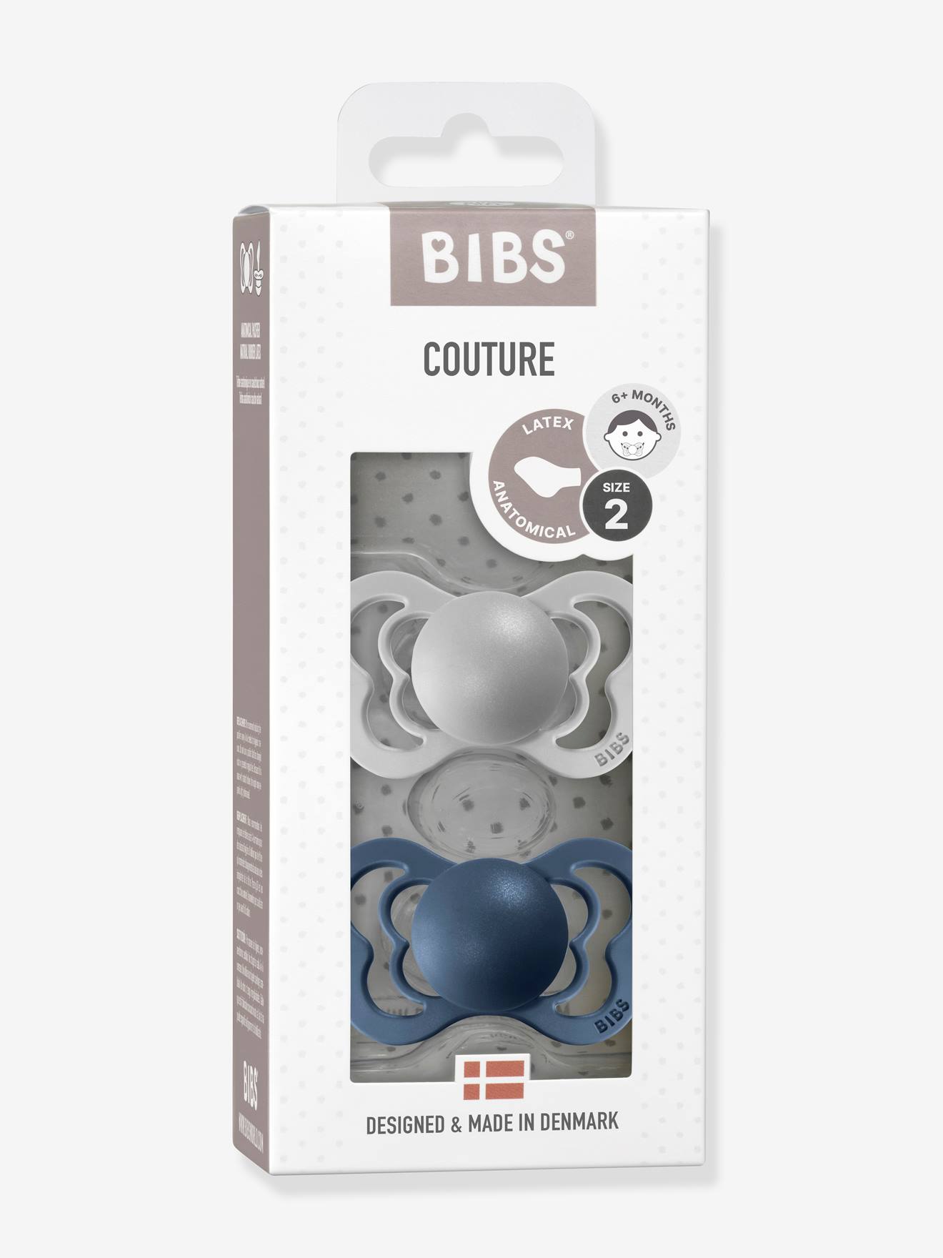 Set van 2 BIBS Couture-fopspenen, maat 2 van 6 tot 18 maanden wolkengrijs + staalblauw