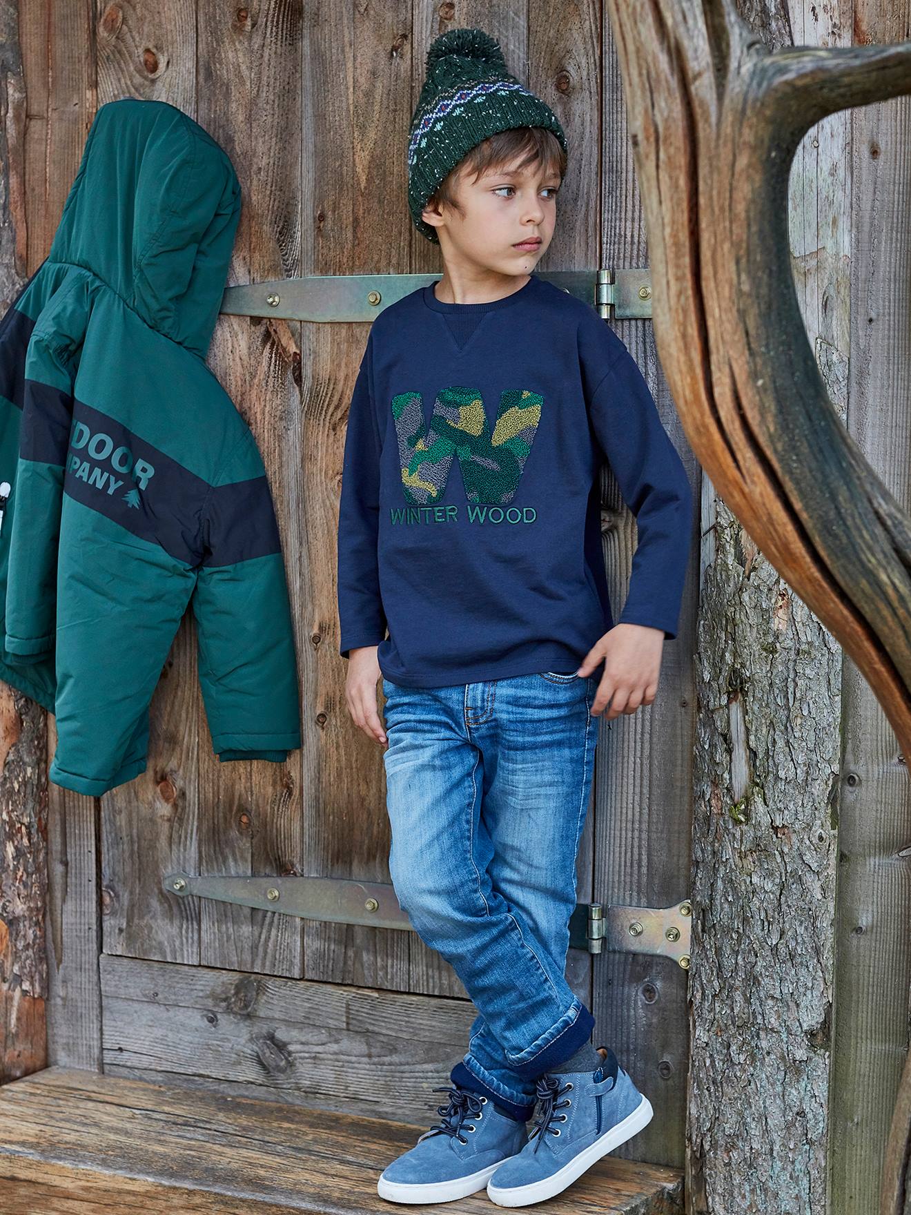 Jongens t-shirt 'winterwood' met krullen en geborduurde details marineblauw