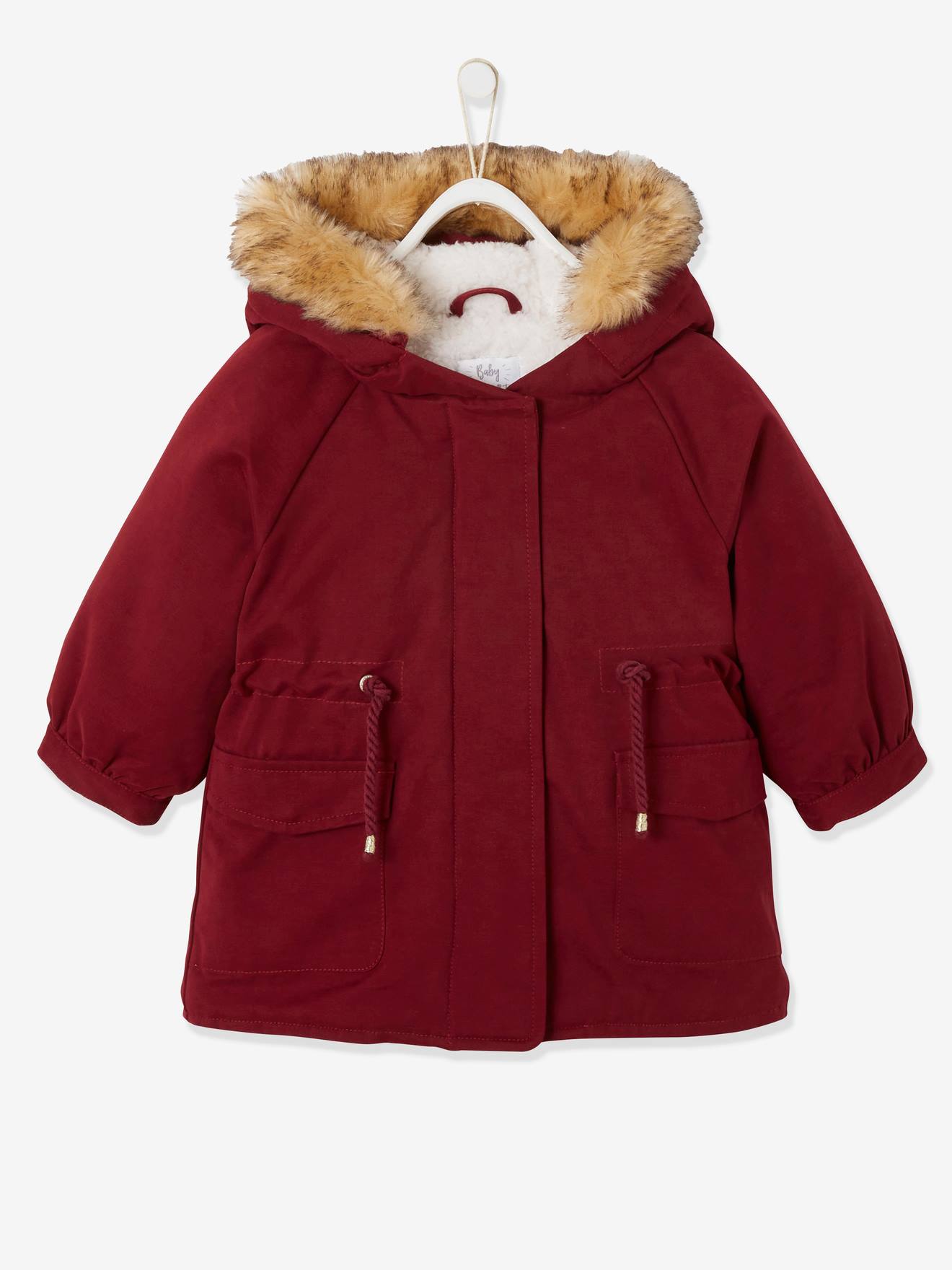 Babyparka met capuchon en boord van imitatiebont bordeauxrood