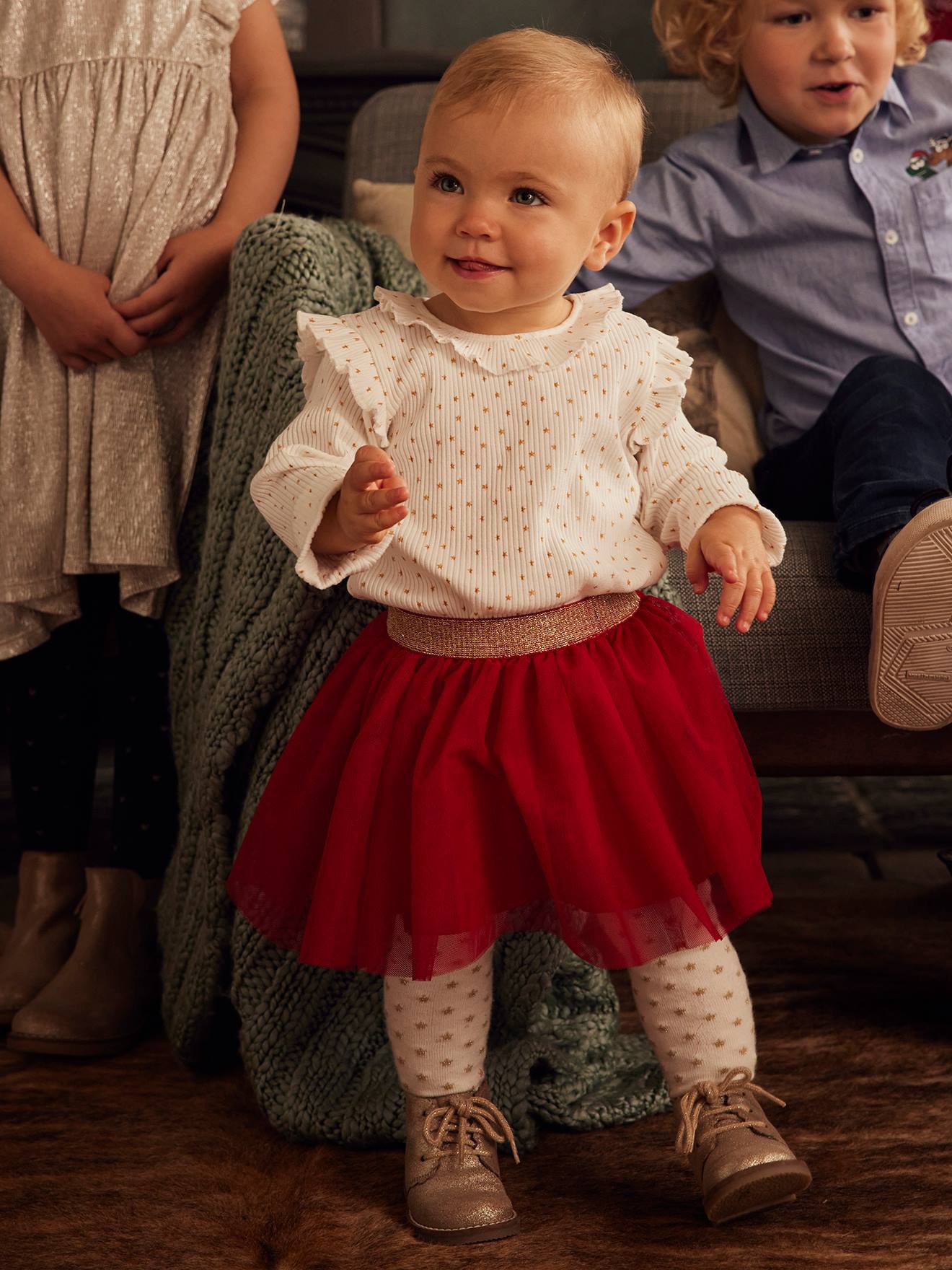 Babyset kerstcadeau T-shirt met sterren en tule rokje ivoor met print