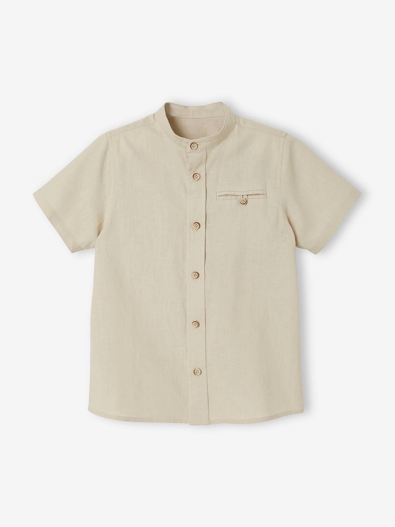 Overhemd van katoen/linnen met maokraag en korte mouwen voor jongens beige