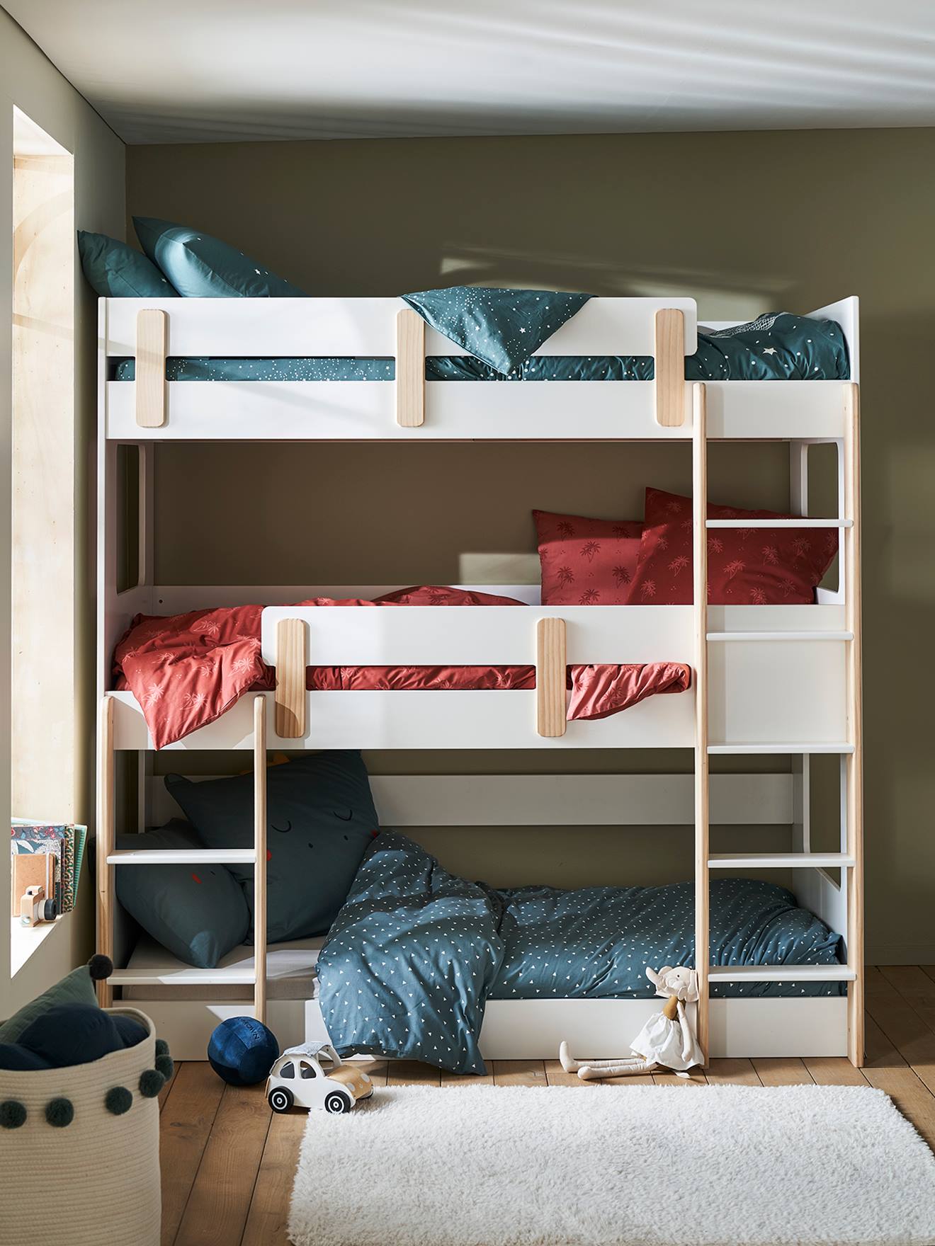Stapelbedden op 3 niveaus LIGNE EVEREST wit/hout
