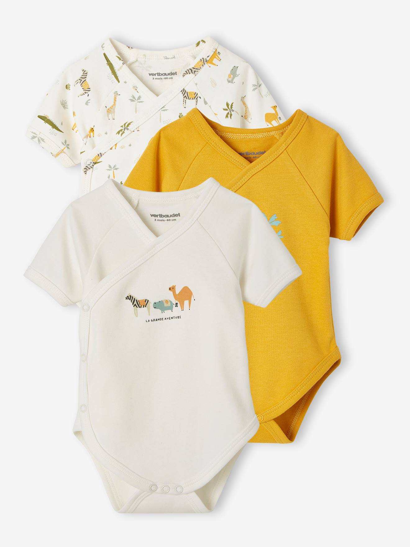 Set van 3 baby "dieren" rompers met opening set safraangeel