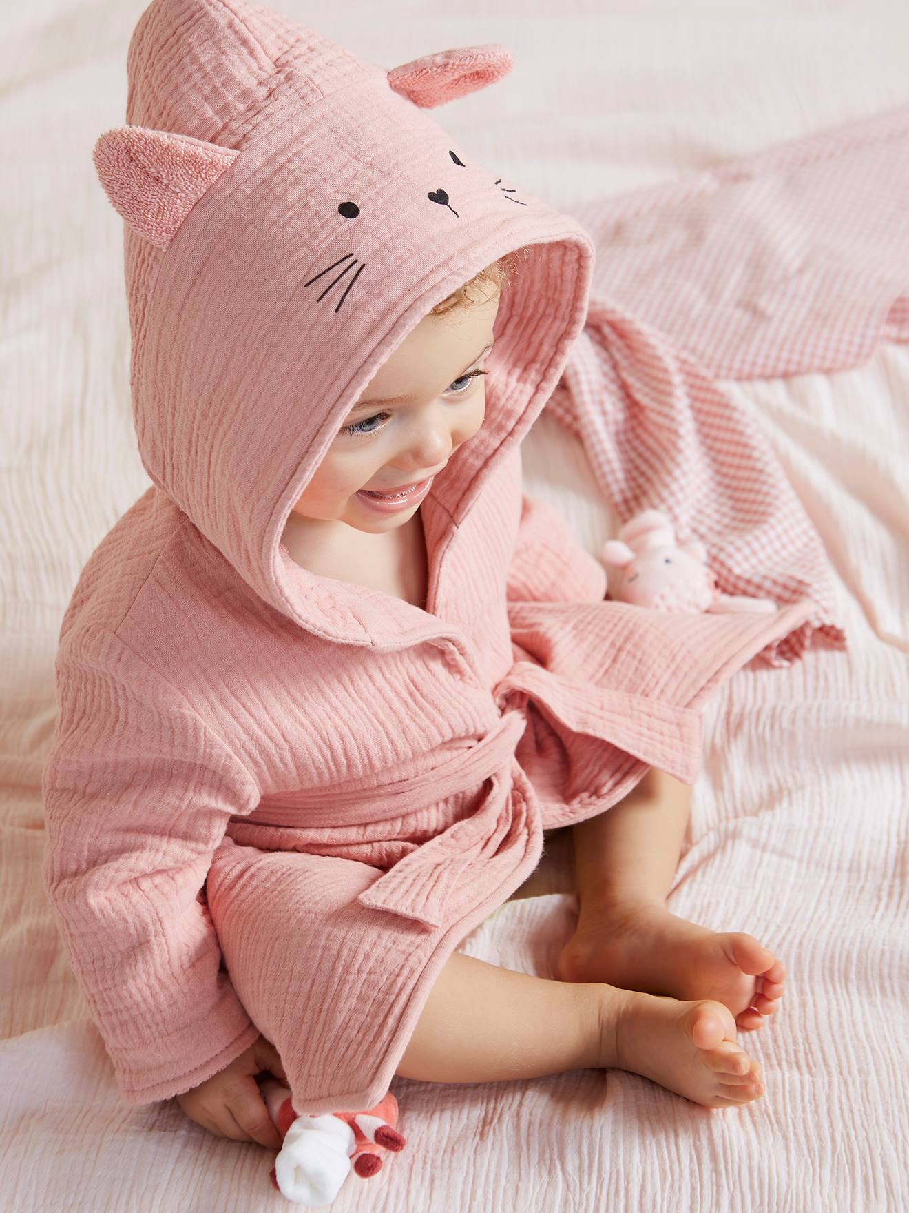 Biologisch katoenen gaas* baby badjas, aanpasbaar Oeko-Tex®. roze