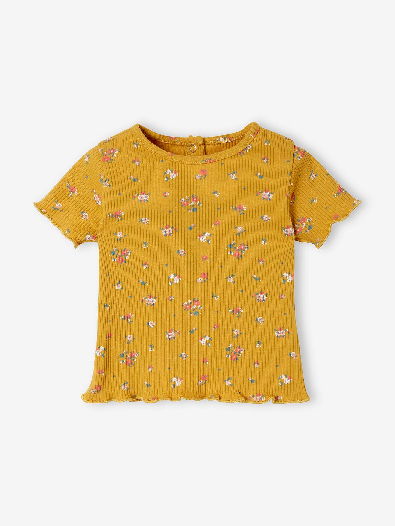 Babyshirt met bloemen in geribbeld tricot oker met print