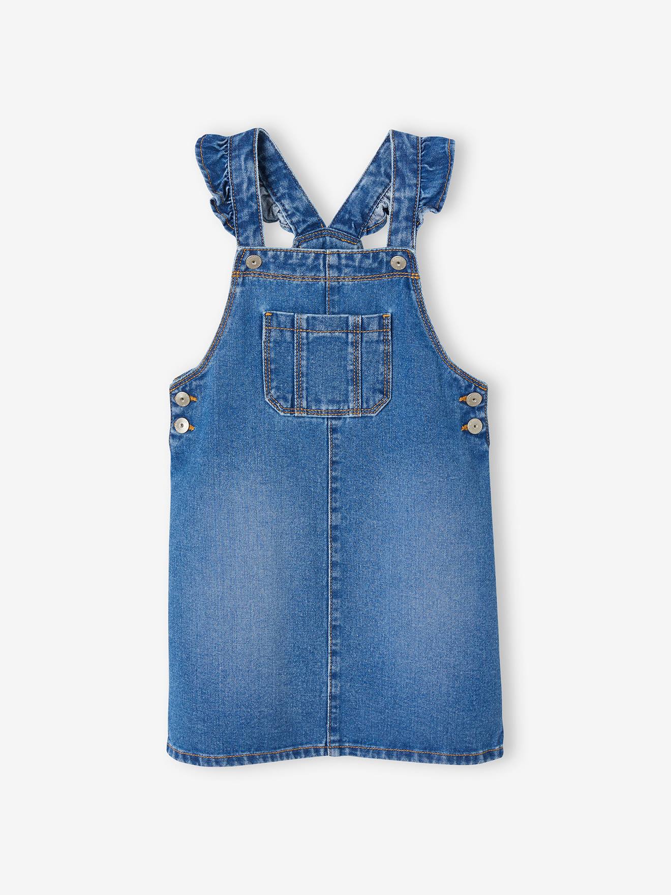 Denim overgooier voor meisjes met ruches op de bandjes stone