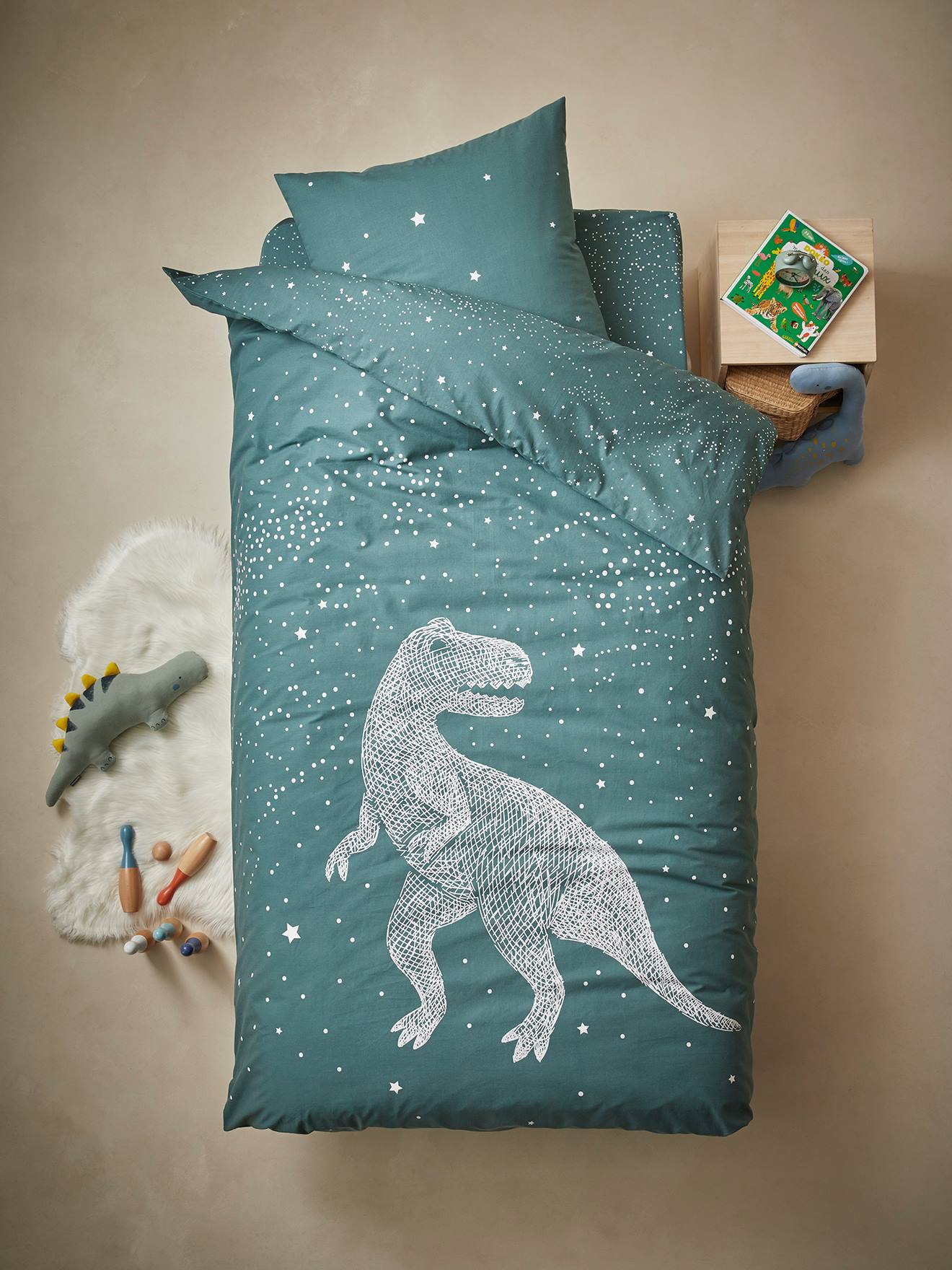 Dekbedovertrek + kussensloop met fluorescerende details GRAPHIC DINO Oeko-Texยฎ groen