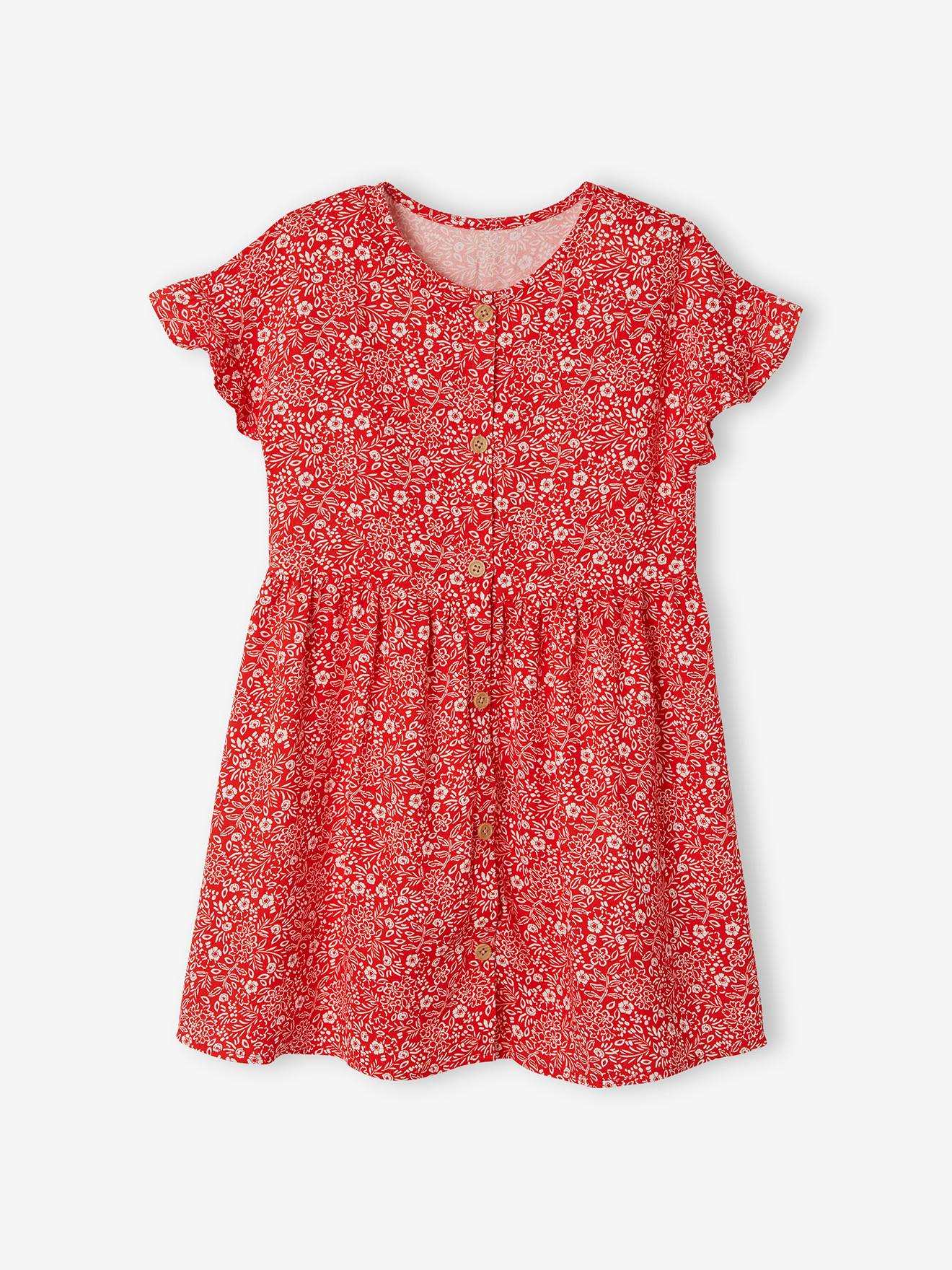 Geknoopte meisjesjurk met bloemen vermiljoenrood print