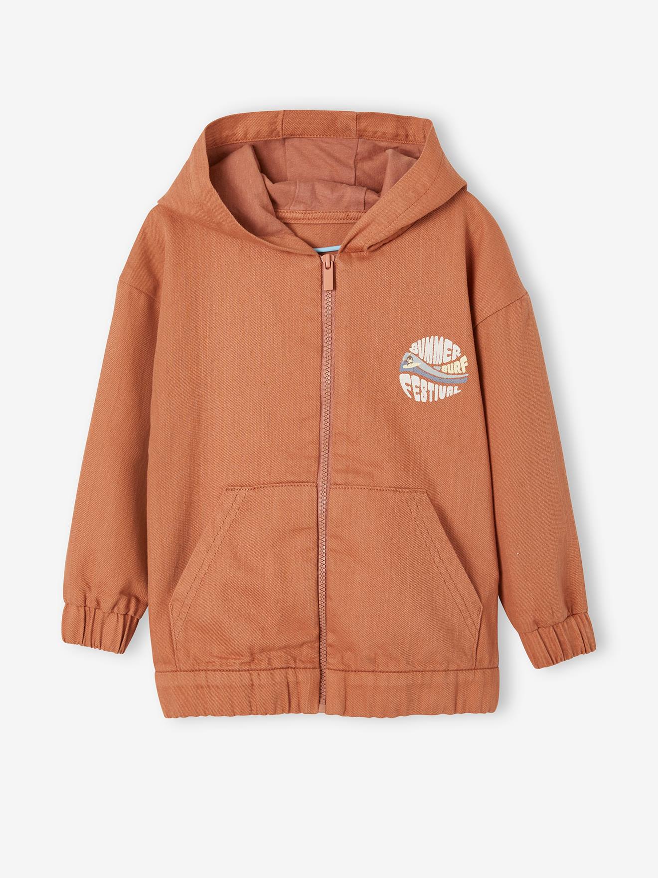 Jongenssweater met rits, capuchon en surfmotief verwassen oranje