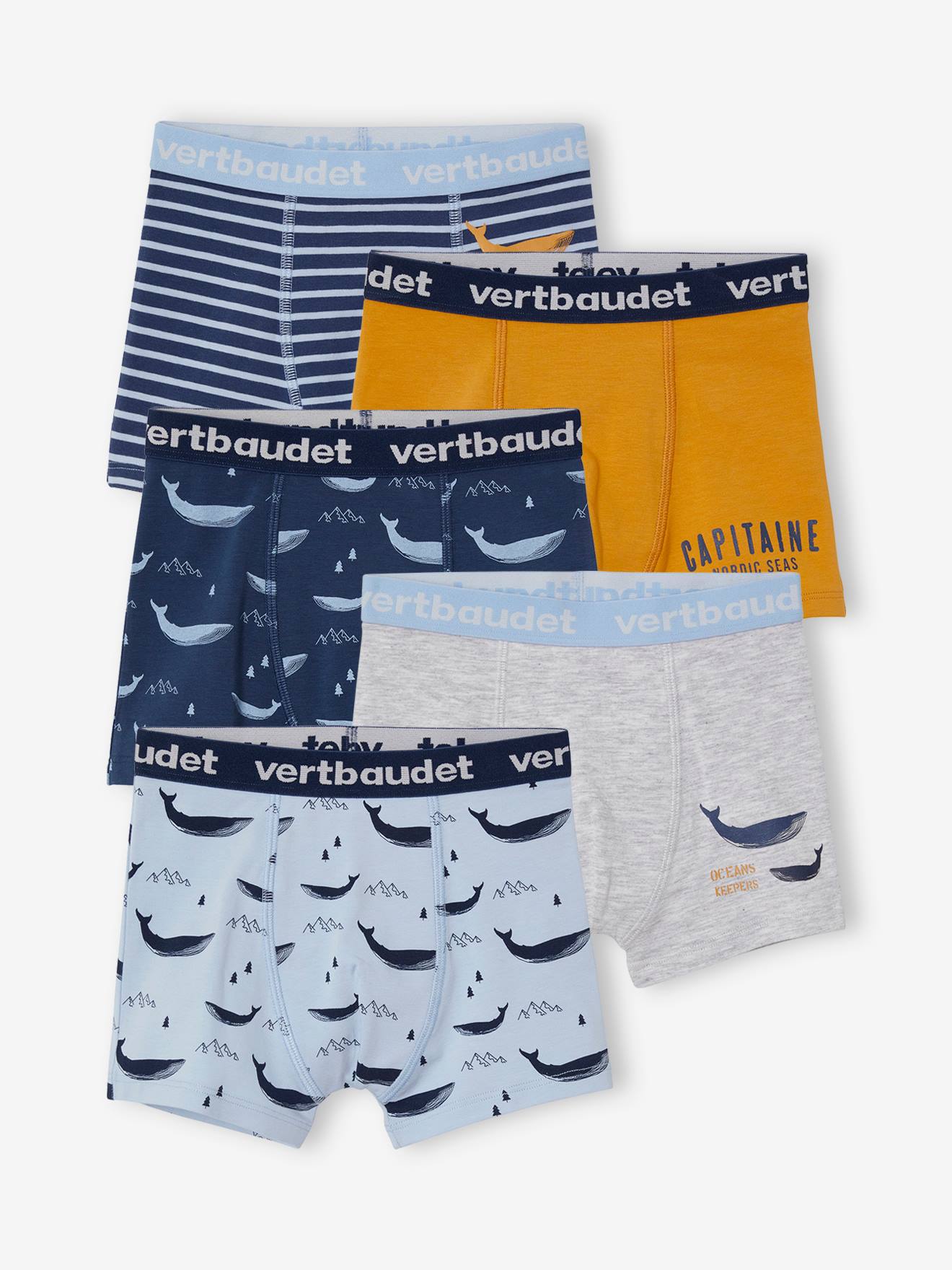 Set van 5 Oeko-Tex® stretch jongensboxers walvissen set blauw