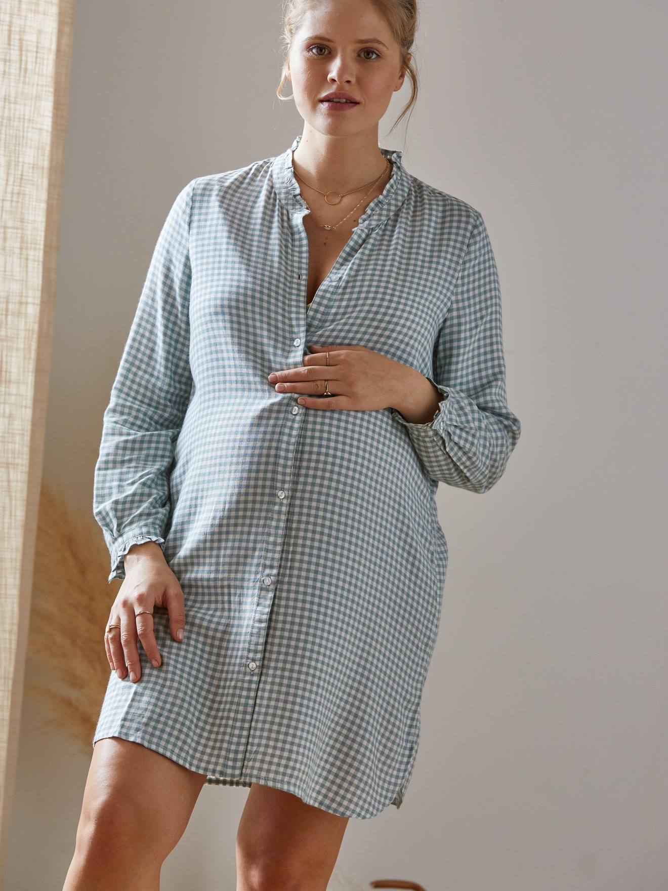 Nachtkleedje voor zwangerschap en borstvoeding vichy salie